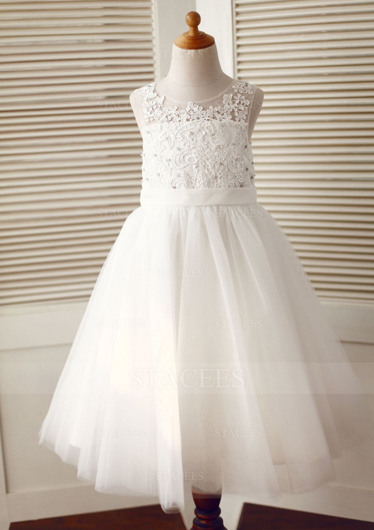 A-line/Princess Illusion Neck Ankle-Length Lace Tulle Flower Girl Dress With Lace