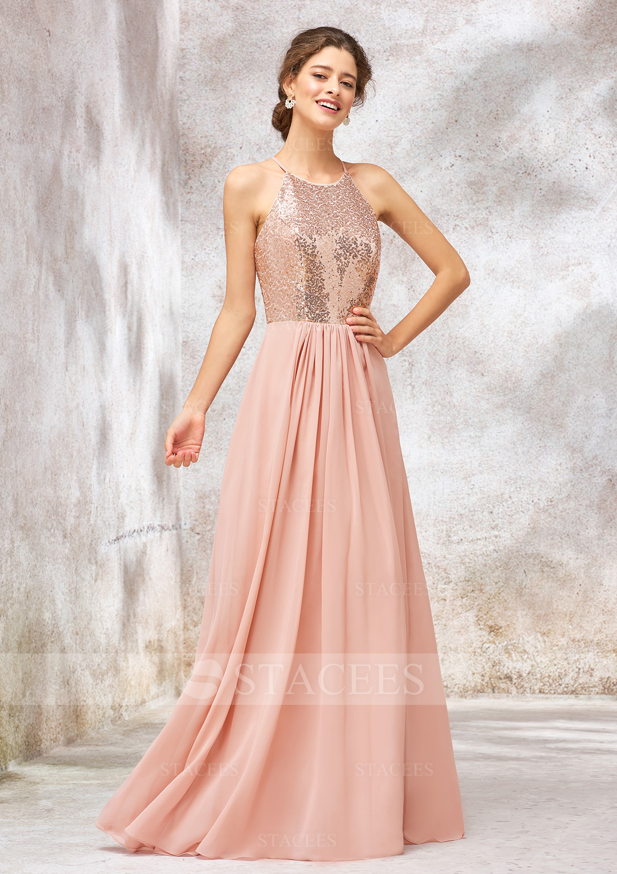 A-line Scoop Neck Sleeveless Sequined Chiffon Long/Floor-Length Bridesmaid Dress With Sequins