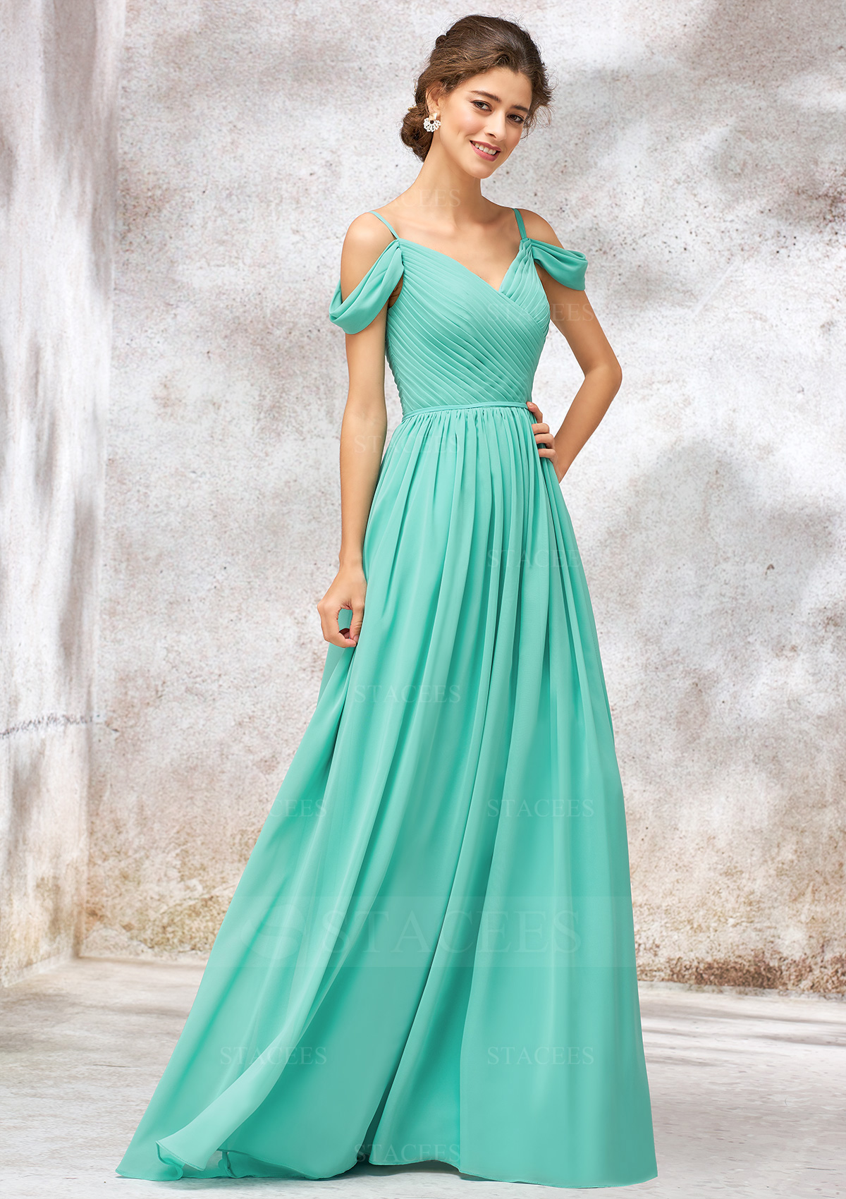 Graceful Off-the-Shoulder A-line V Neck Chiffon Long Bridesmaid Dress With Pleated