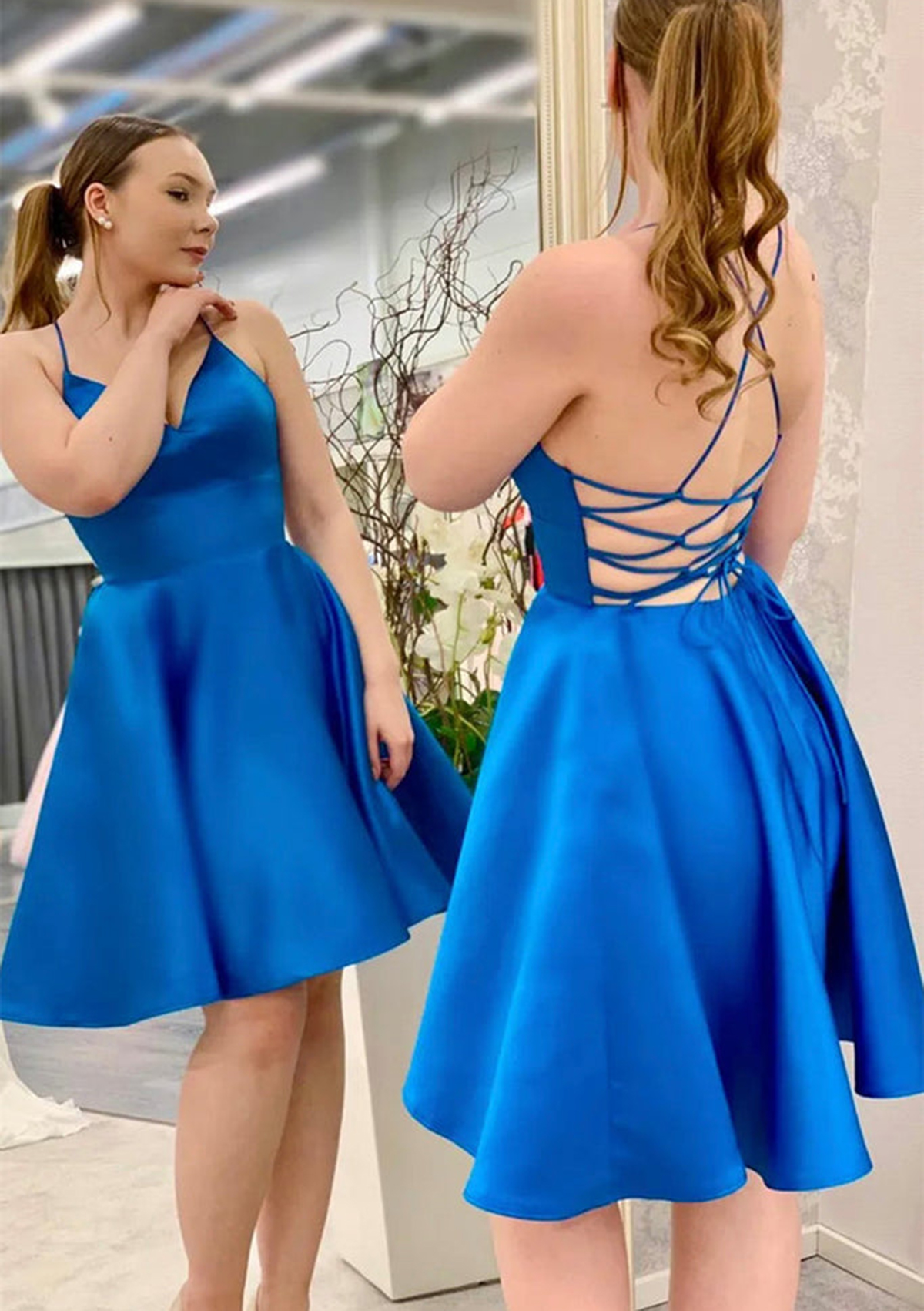 Ocean Blue A-line Crisscross Back Satin Short Homecoming Dress - STACEES