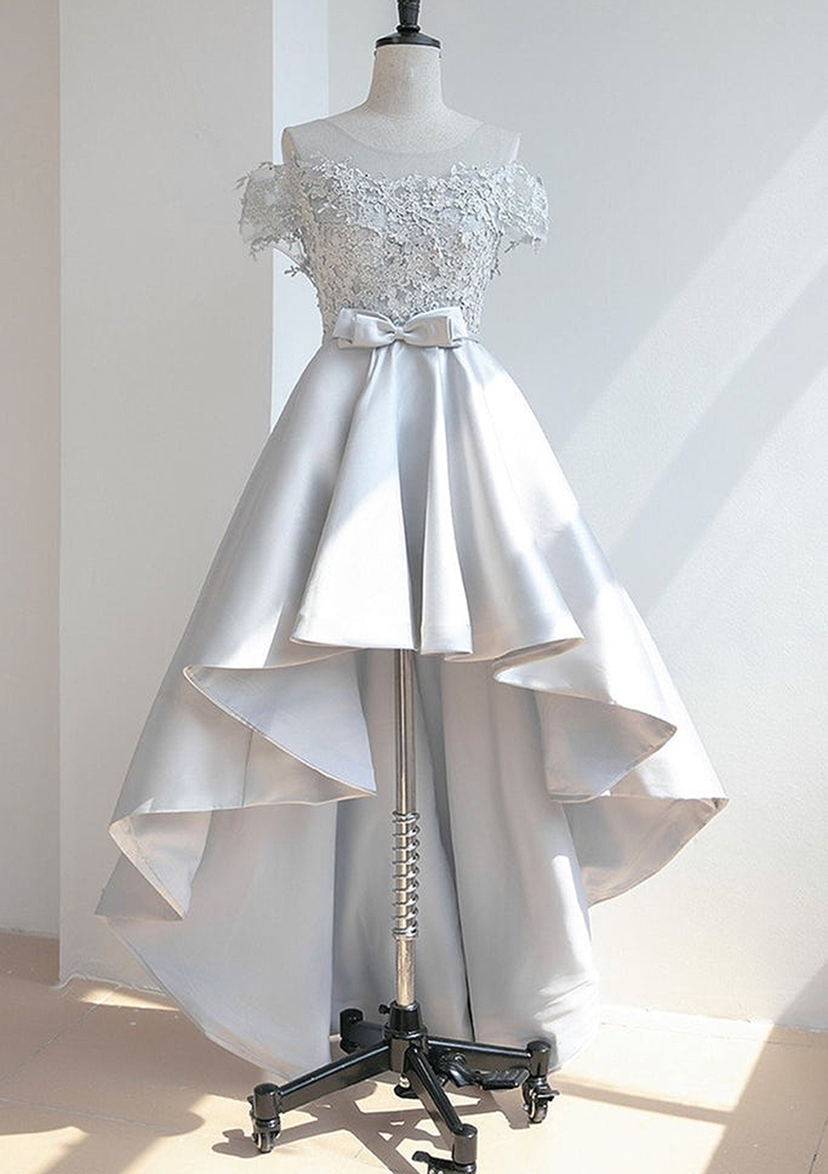 Ivory A-line Illusion Neck Short Sleeve Satin Asymmetrical Homecoming Dress With Appliqued Waistband - STACEES