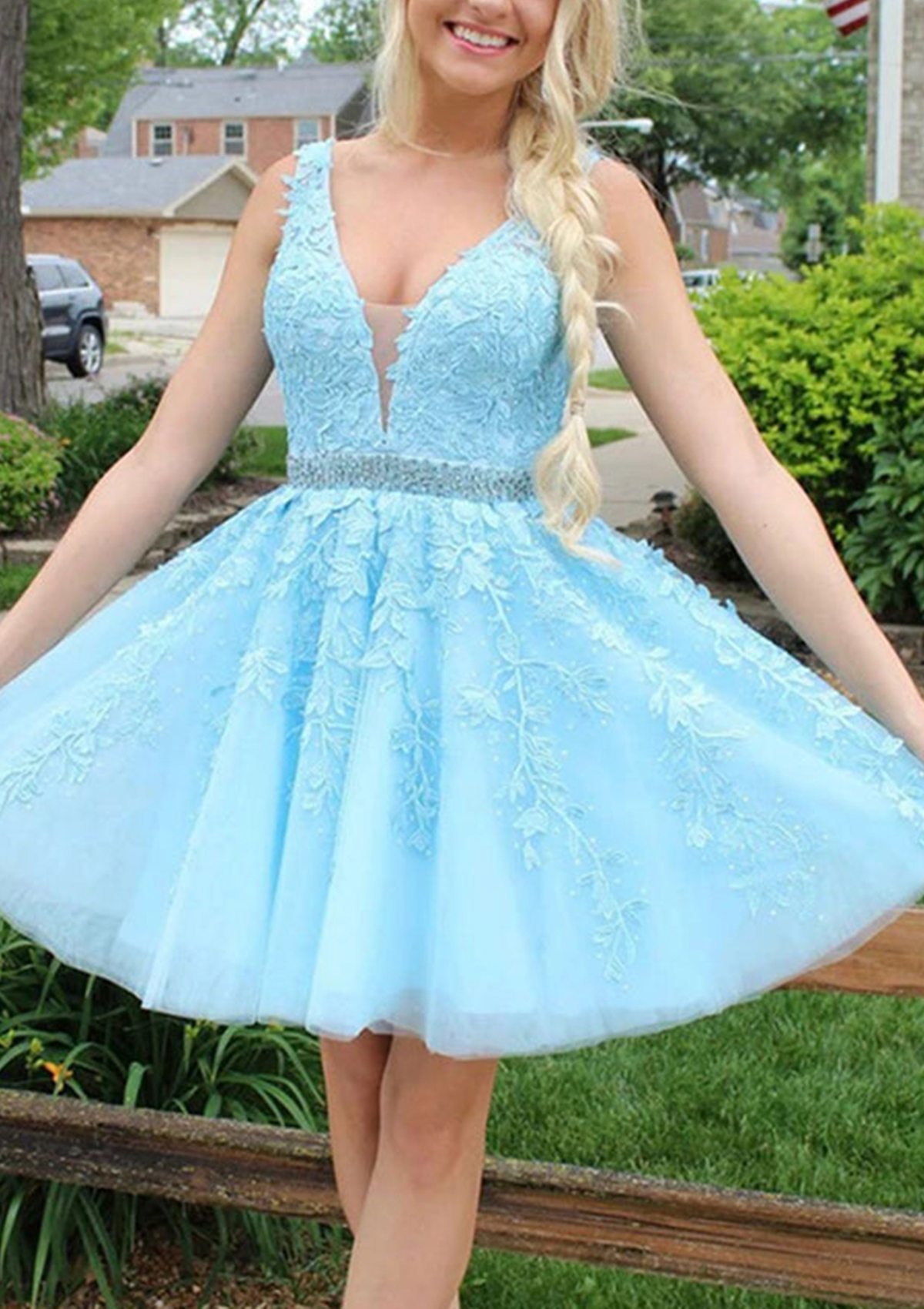 Blue Short/Mini A-line V Neck Lace Tulle Homecoming Dress With Appliqued Beading - STACEES