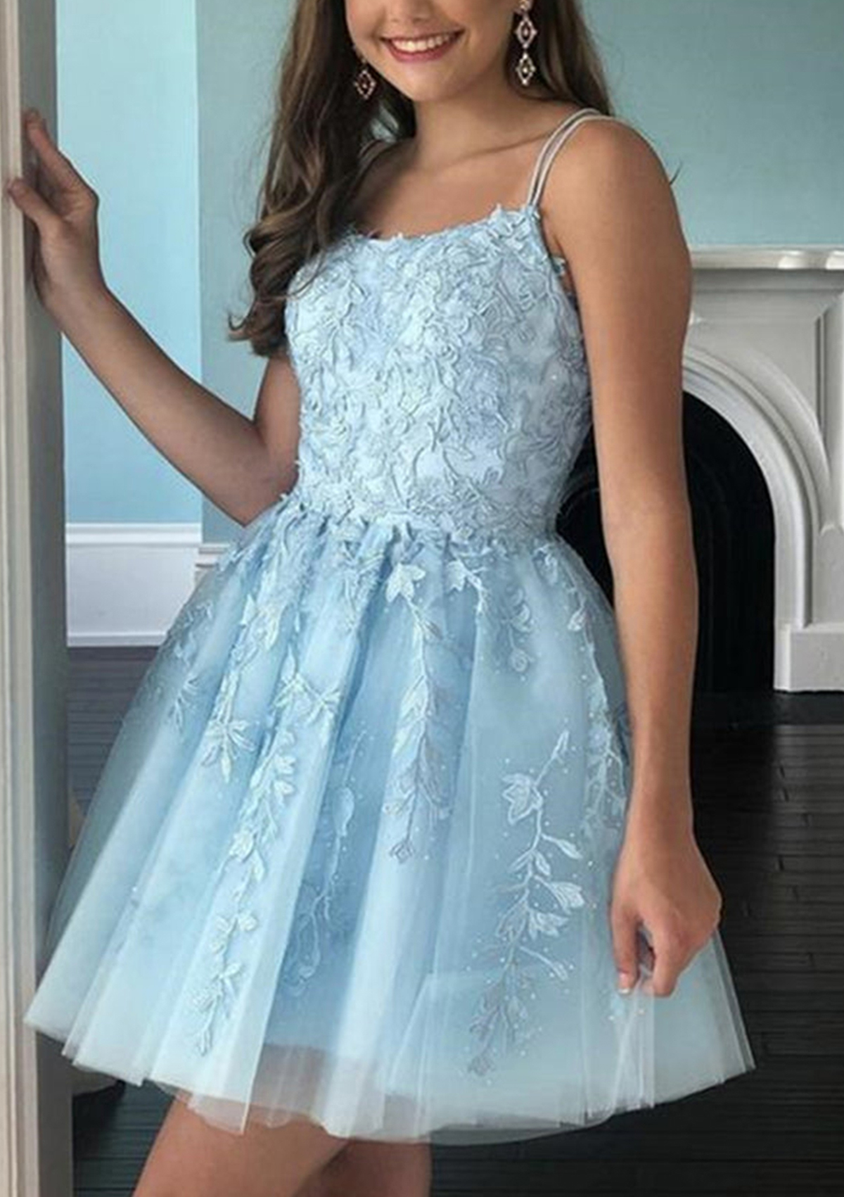Light Blue A-line Scoop Neck Sleeveless Lace Short/Mini Homecoming Dress With Beading - STACEES