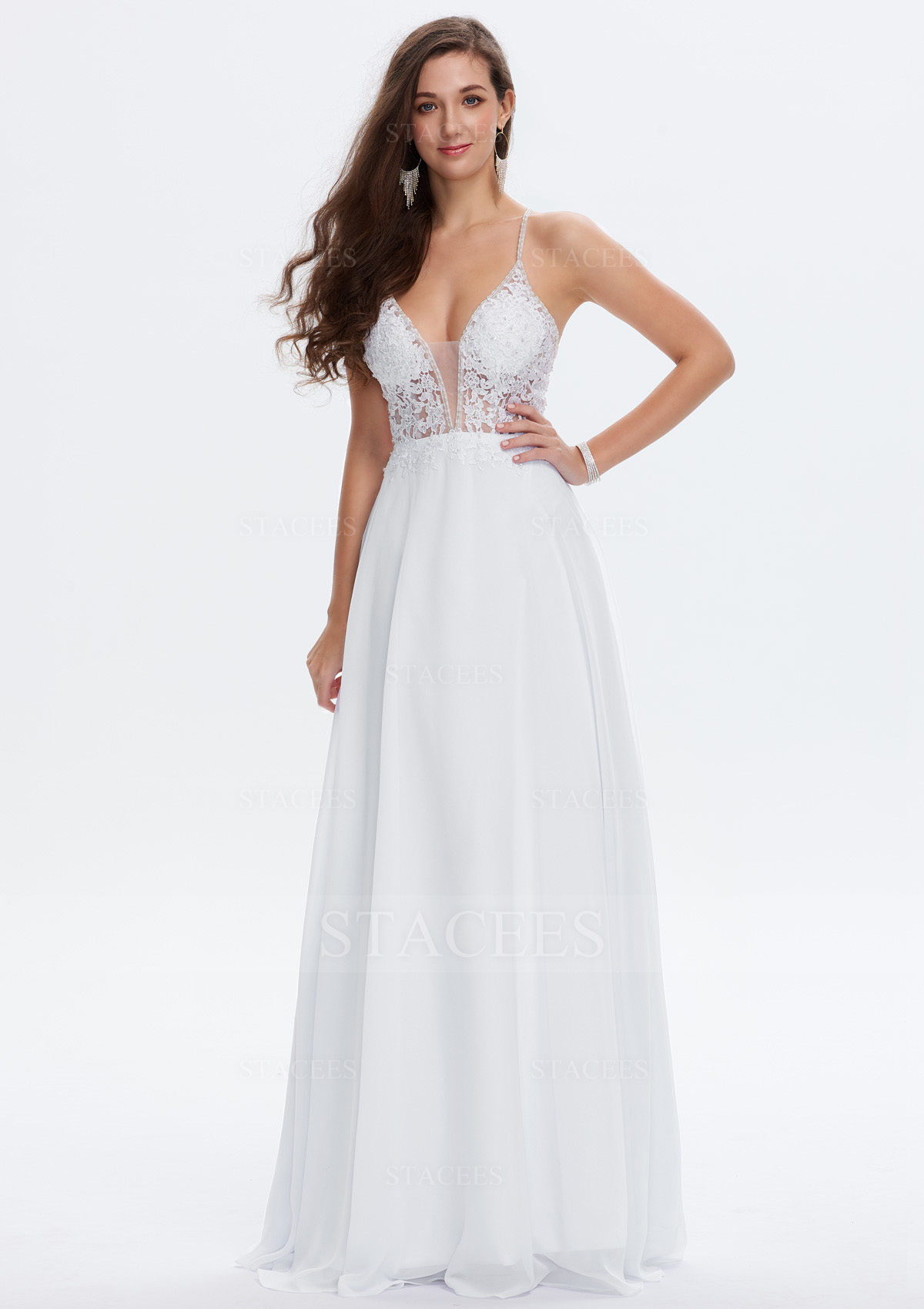 Trapèze col en v chiffon lace long/ras du sol robe de bal avec sequins beading