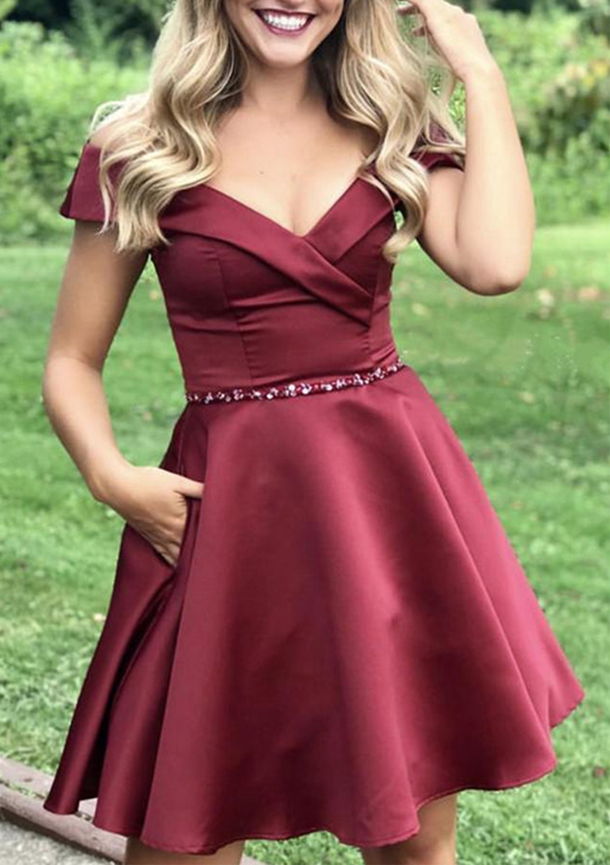 Burgundy A-line Off-the-Shoulder Sleeveless Satin Short/Mini Homecoming Dress With Beading Pockets