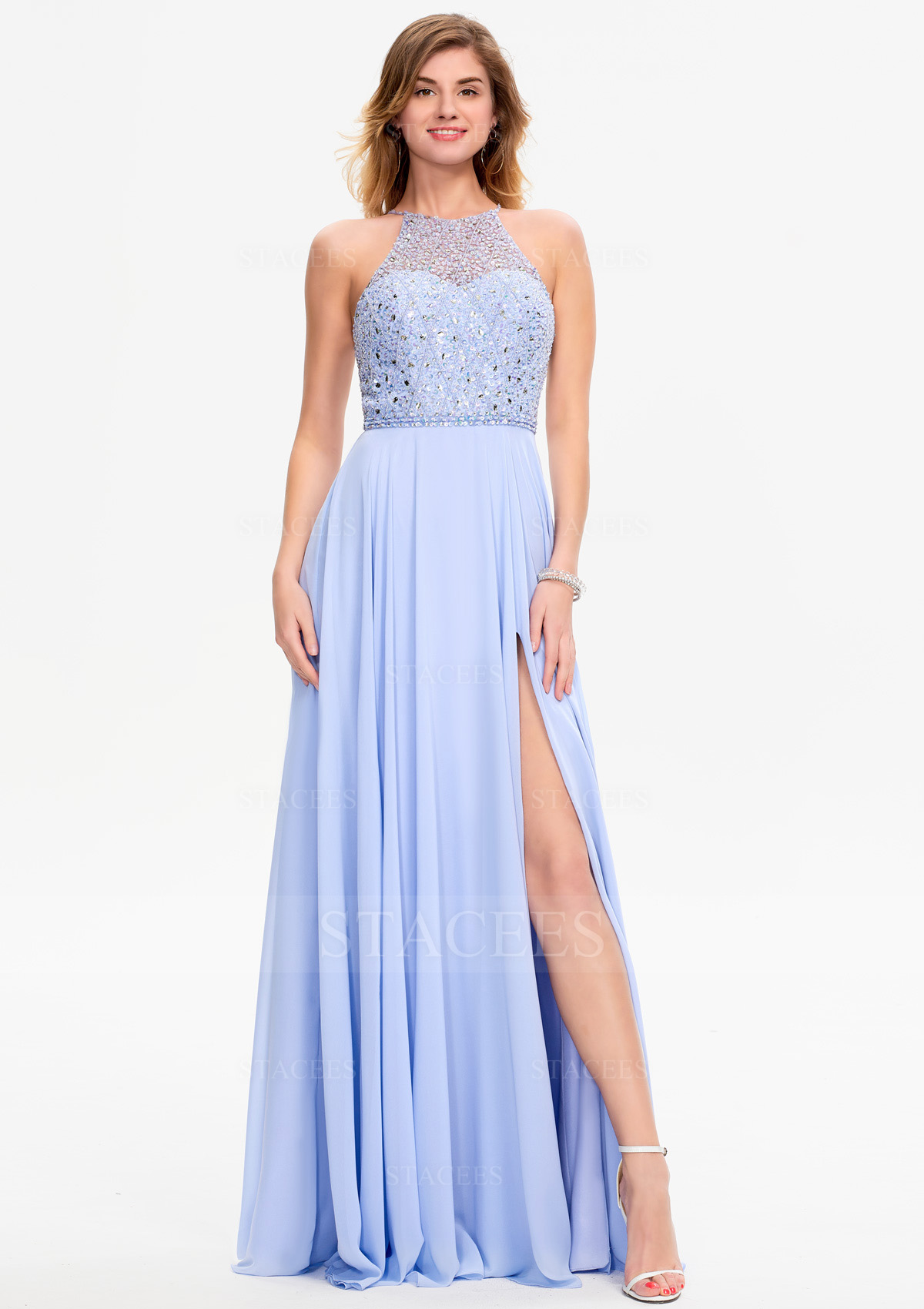 Vestido línea a cuello halter gasa hasta el suelo vestido de graduación