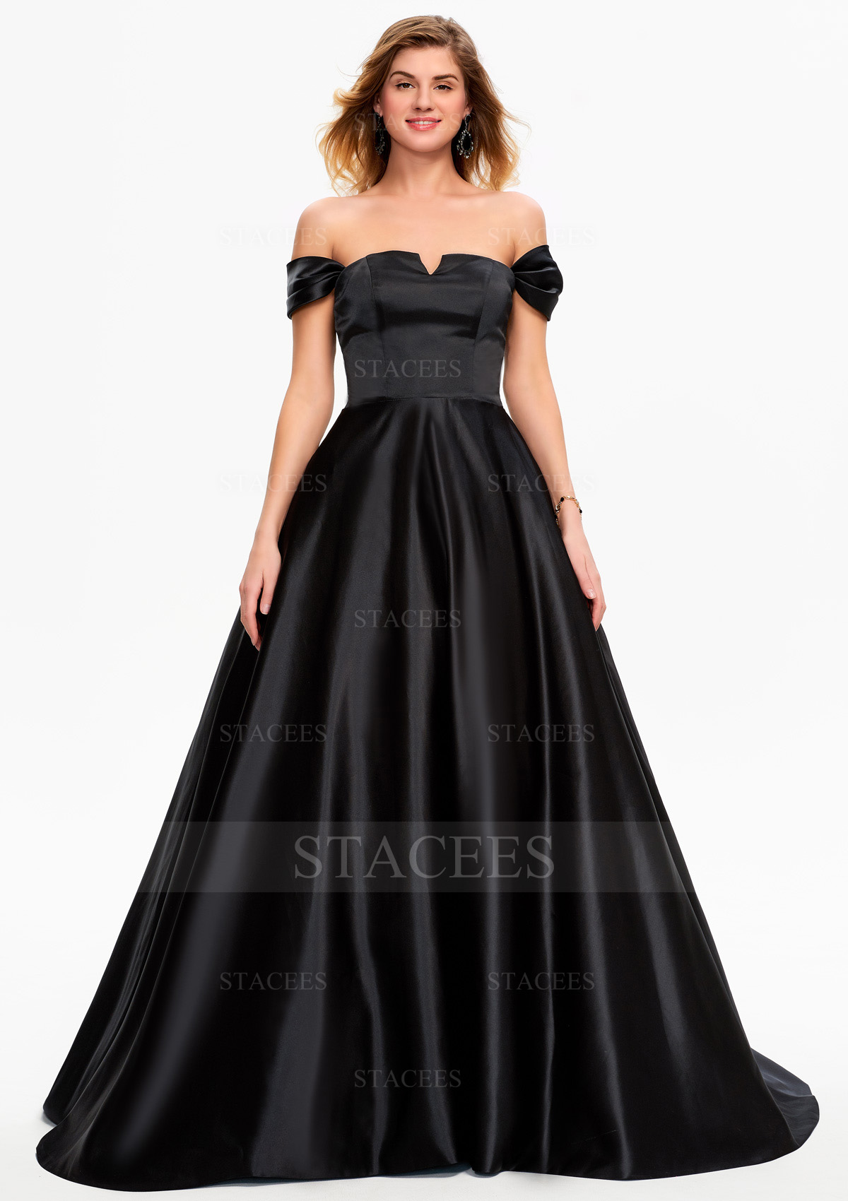 Negro Vestido de gala hombros descubiertos satén hasta el suelo vestido de graduación
