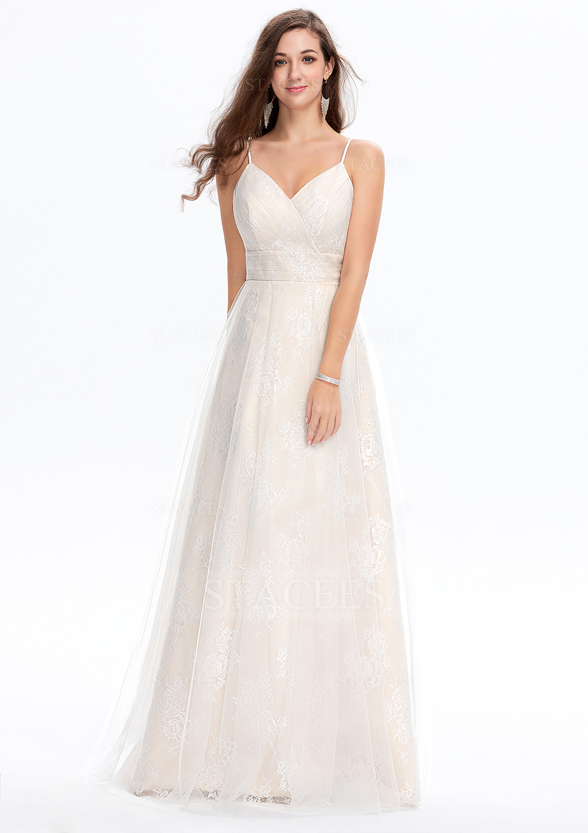 Ivoire Robe trapèze col en v dentelle tulle satin longueur ras du sol robe de bal avec plissé - STACEES