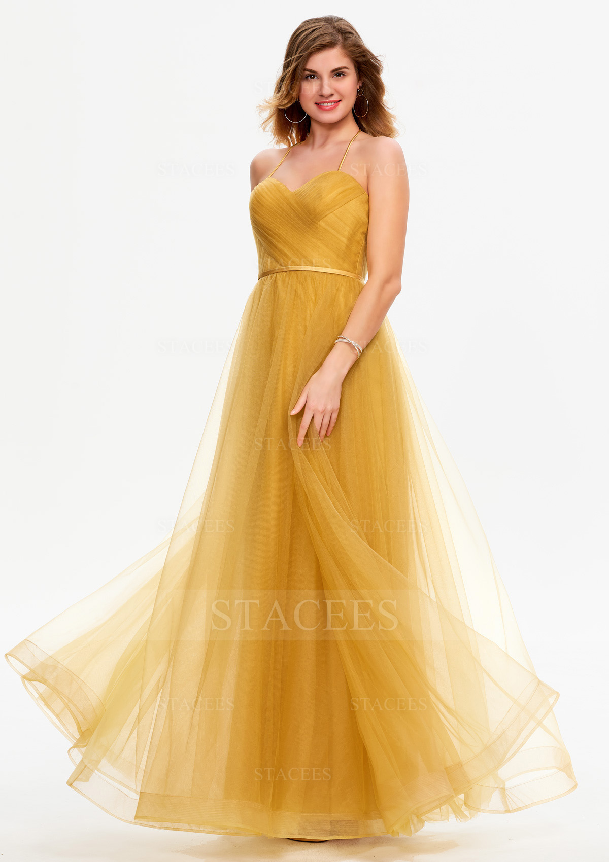 Gold A-line Sweetheart Sleeveless Tulle Long/Floor-Length Prom Dress With Pleated - STACEES