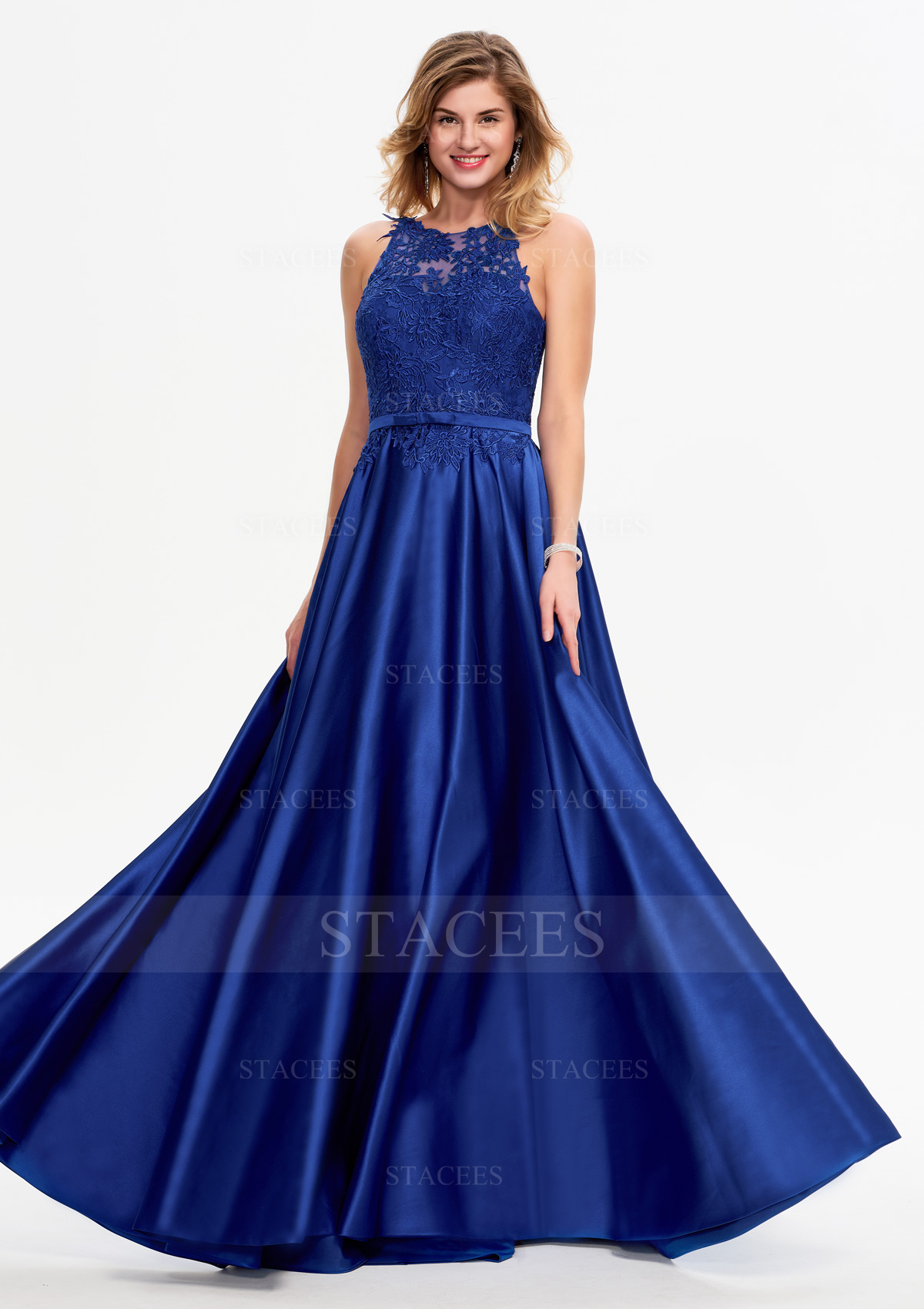 Bleu Royal Robe trapèze scoop satin élégant longueur ras du sol robe de bal avec dentelle  - STACEES