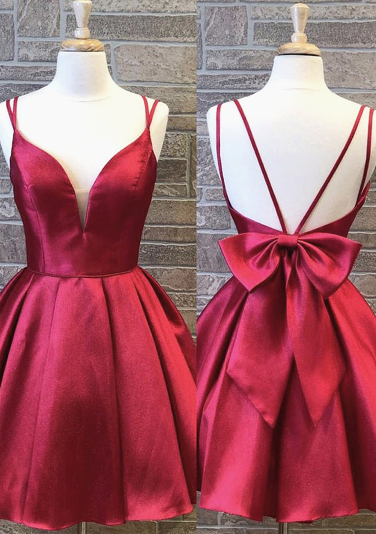 Burgundy A-line V Neck Sleeveless Satin Short/Mini Homecoming Dress With Bowknot
