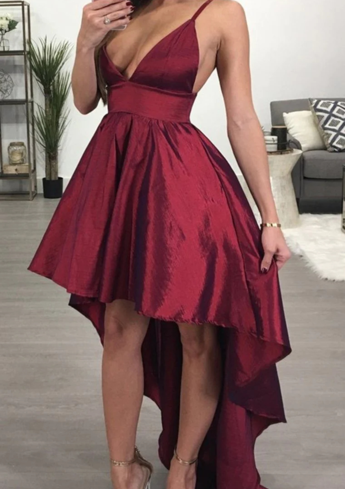 Burgundy A-line V Neck Sleeveless Taffeta Asymmetrical Homecoming Dress - STACEES