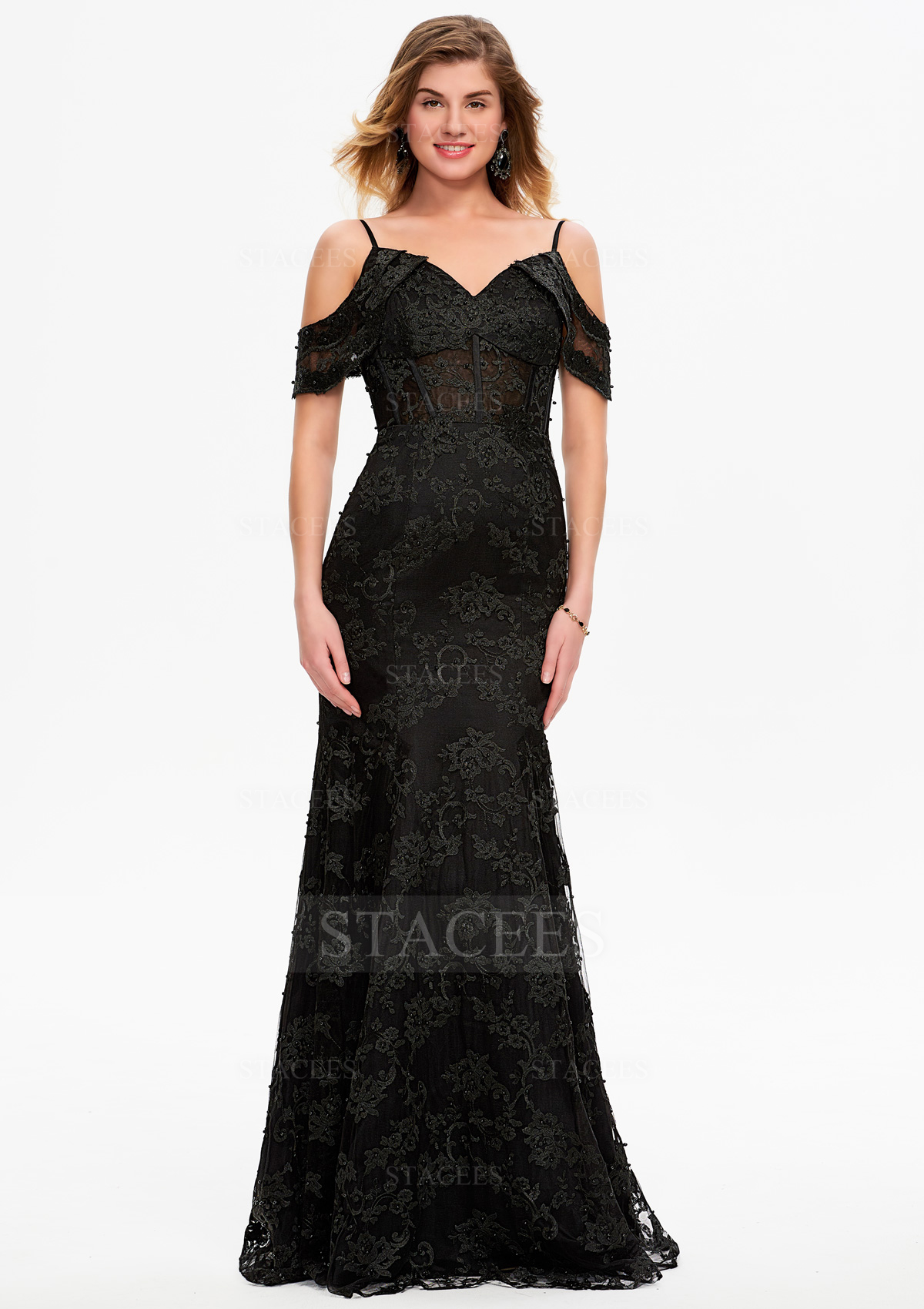 Noir Fourreau cache coeur dentelle longueur ras du sol robe de bal avec perle - STACEES
