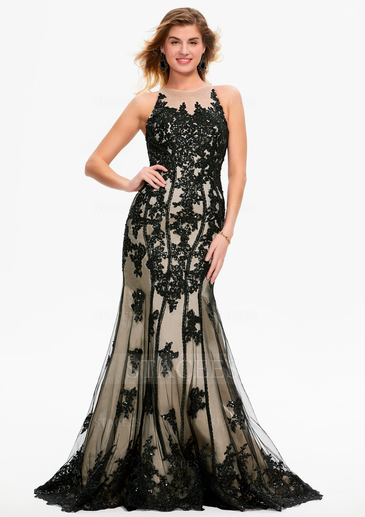 Noir Trumpette/sirène scoop traîne balayage robe de bal avec paillettes - STACEES