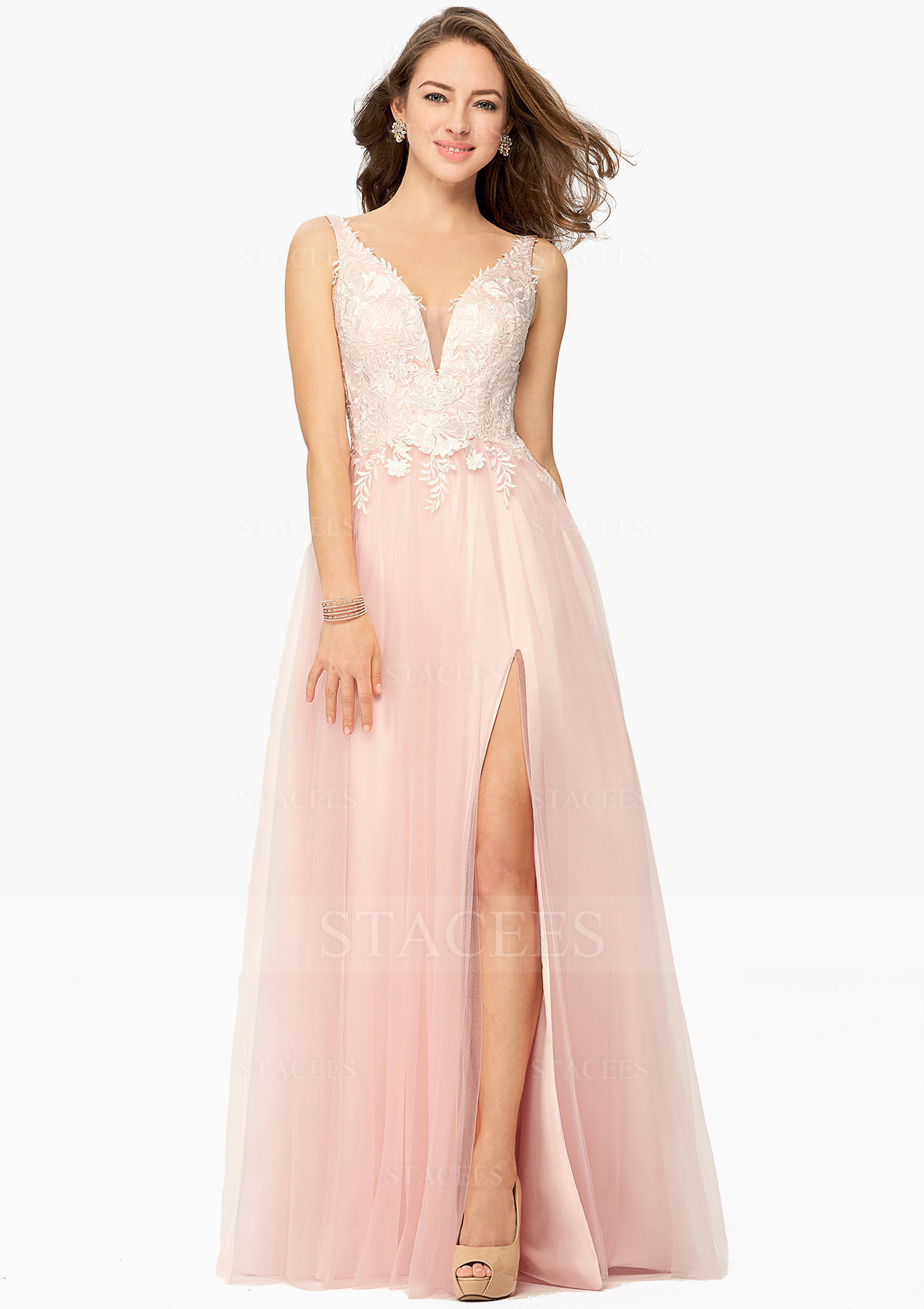 Trapèze col en v satin tulle long/ras du sol robe de bal avec lace split