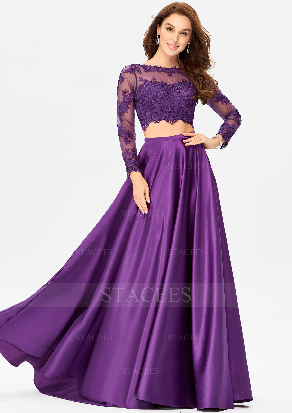 A-line Scoop Neck Full/Long Sleeve Satin Long/Floor-Length Prom Dress With Lace