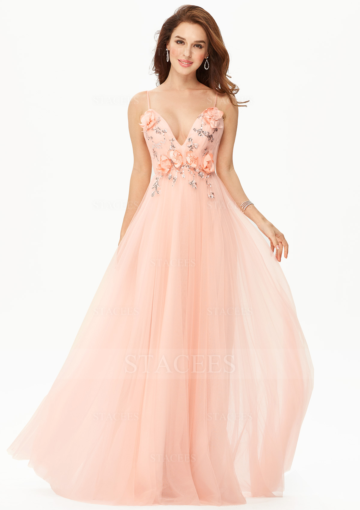 Rose Perle Robe trapèze col en v tulle satin longueur ras du sol robe de bal avec fleurs - STACEES