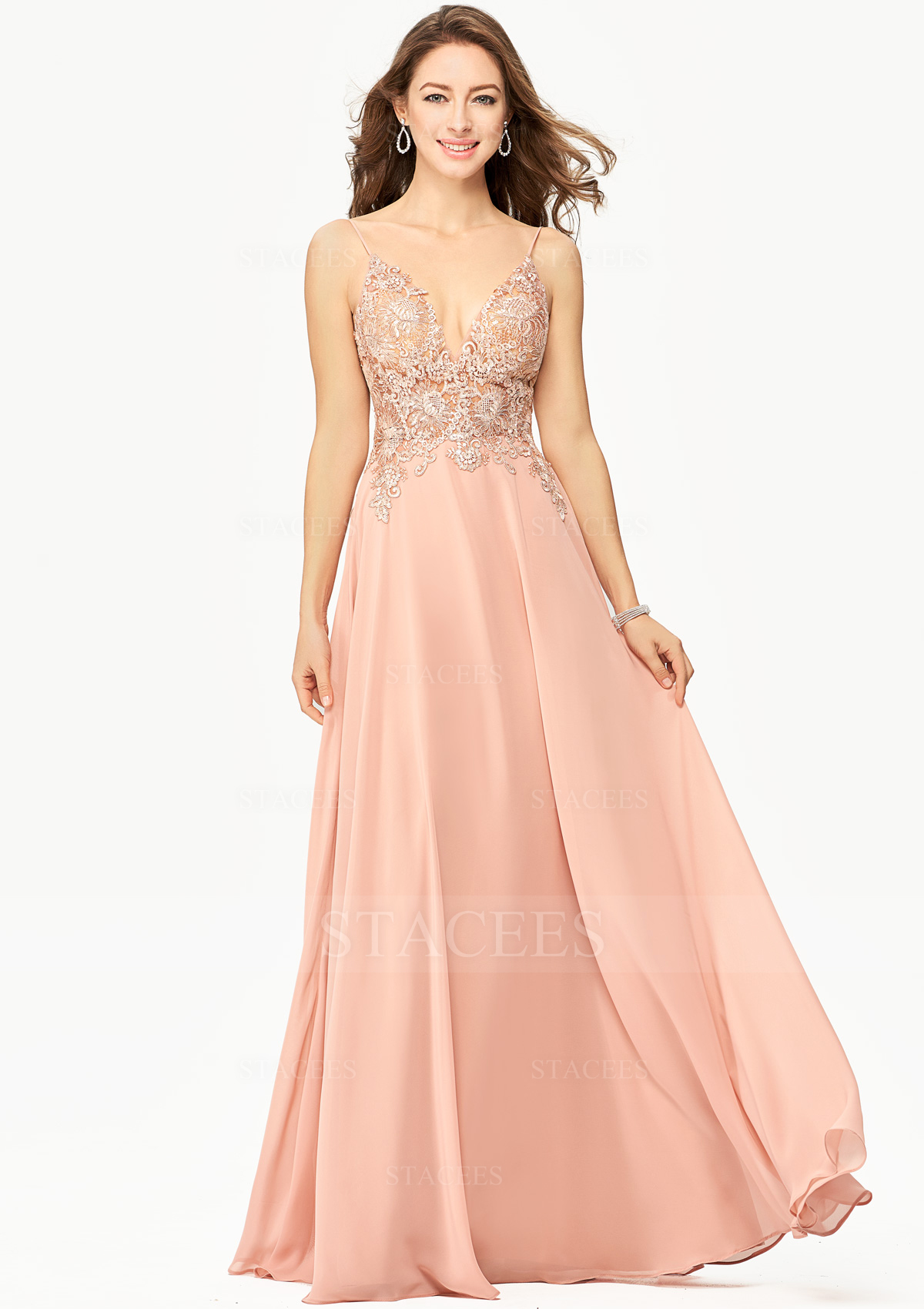 A-line V Neck Sleeveless Chiffon Long/Floor-Length Prom Dress With Sequins Appliqued