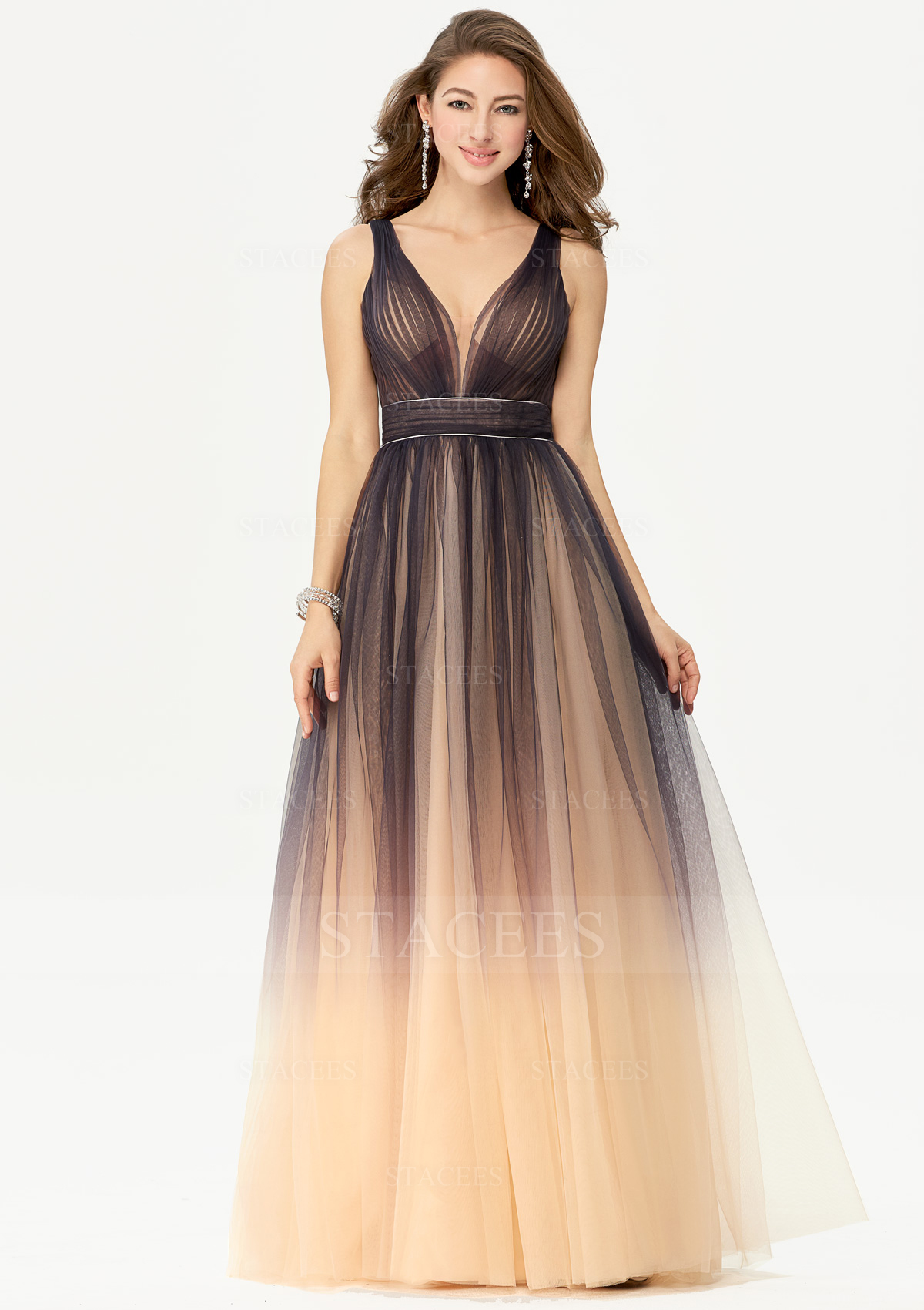 Comme Image Robe Marquise Robe Princesse Col en V Tulle Longueur Ras du Sol Robe de bal avec Plissé - STACEES