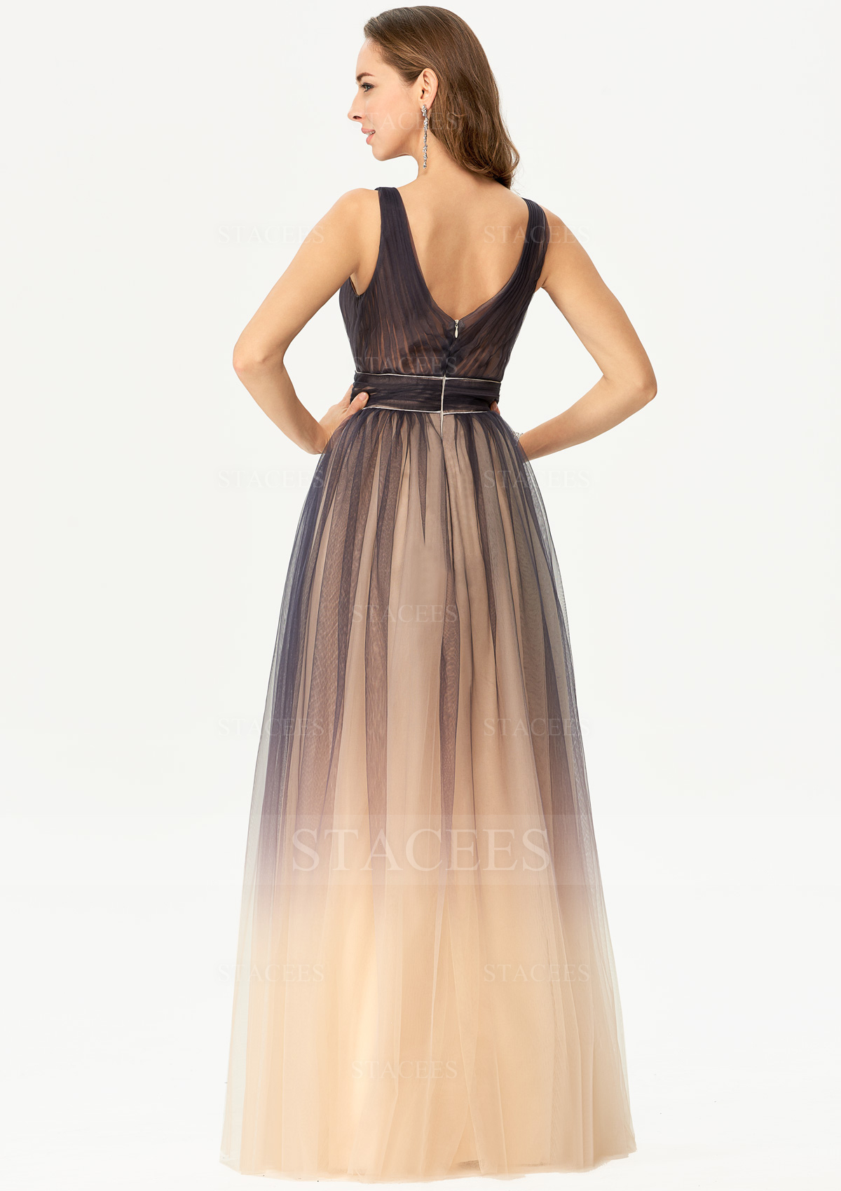 As Picture Ball Gown Princess V Neck Sleeveless Tulle Long/Floor-Length Prom Dresses With Pleated - STACEES