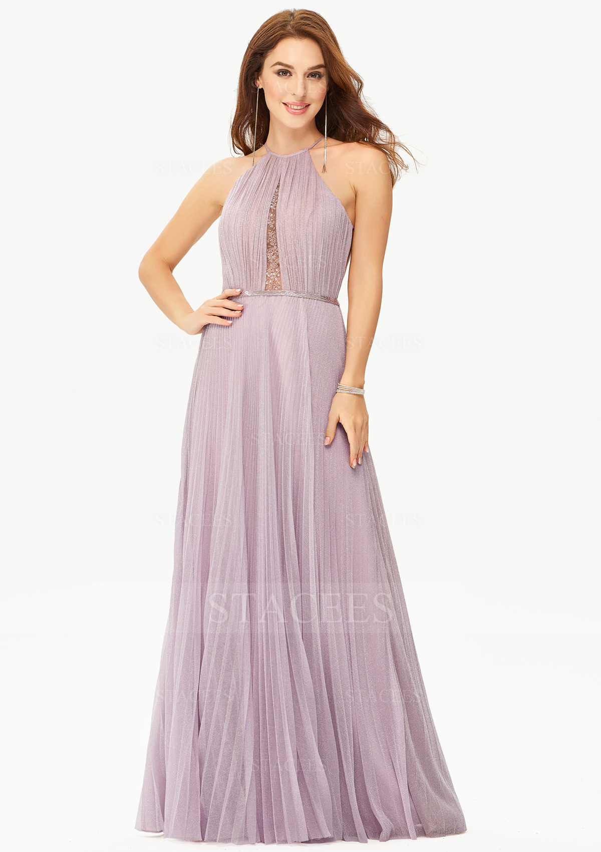 Robe trapèze licou fil métallique longueur ras du sol robe de bal avec perle plissé