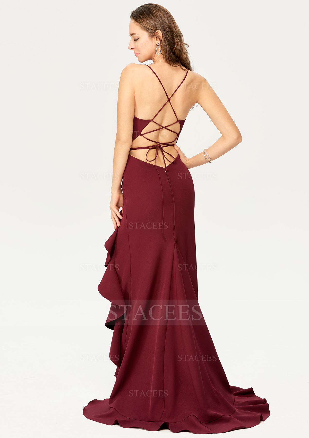Burgundy Sheath/Column Bateau Sleeveless Stretch Crepe Asymmetrical Prom Dress With Split Cascading Ruffles - STACEES