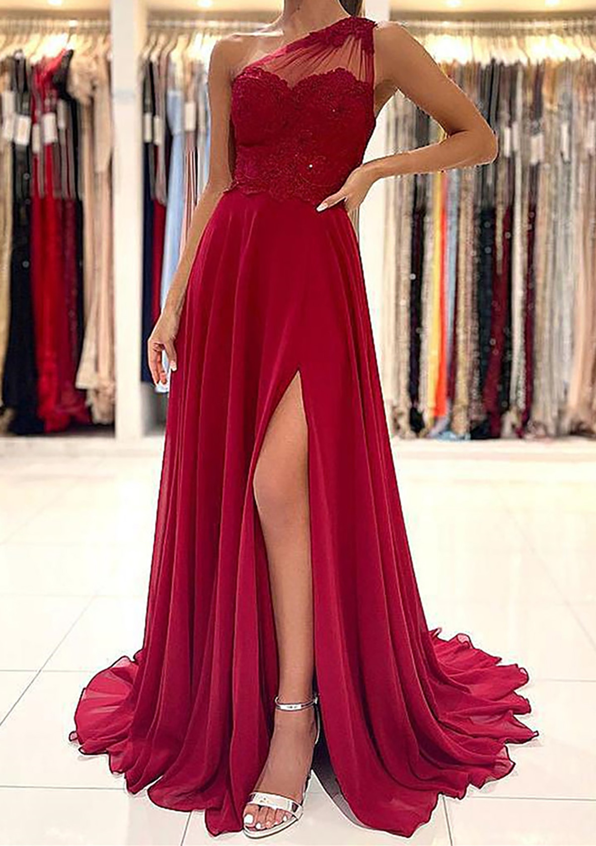 Burgundy A-line One-Shoulder Sleeveless Chiffon Sweep Train Prom Dress With Appliqued Beading - STACEES