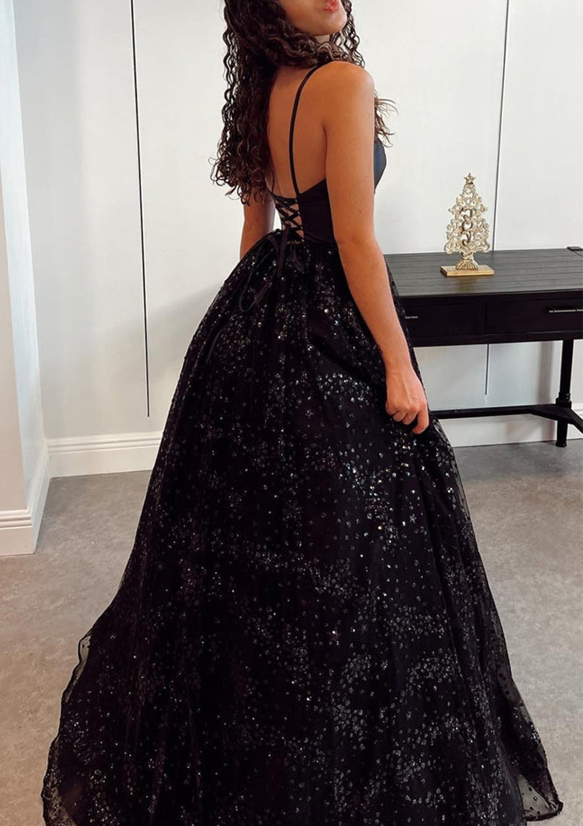 black glitter tulle prom dress A-line Princess Sweetheart Sleeveless Satin Sweep Train With priceFilter-below-50