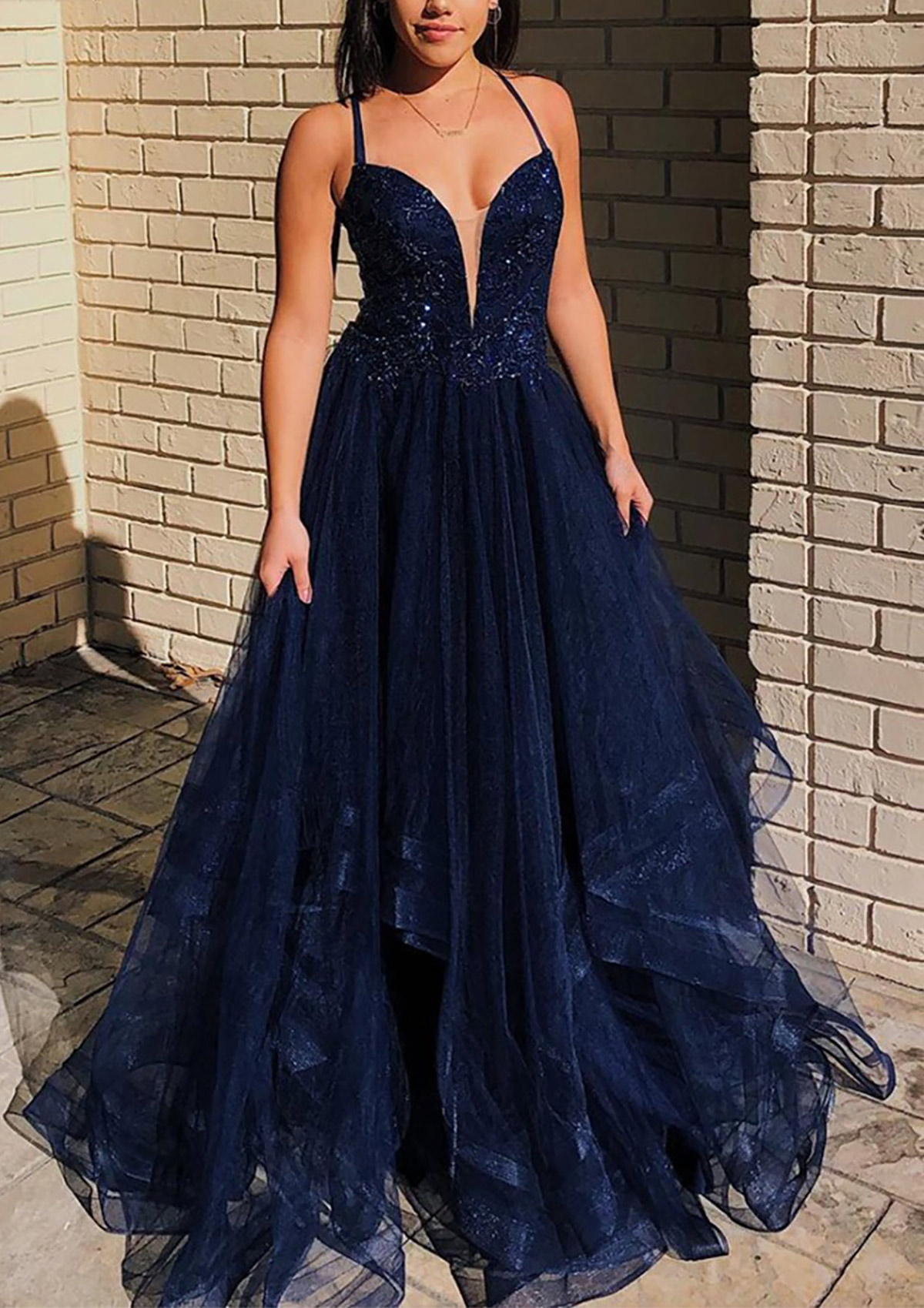 A-line V Neck Sleeveless Tulle Sweep Train Prom Dress With Appliqued Beading