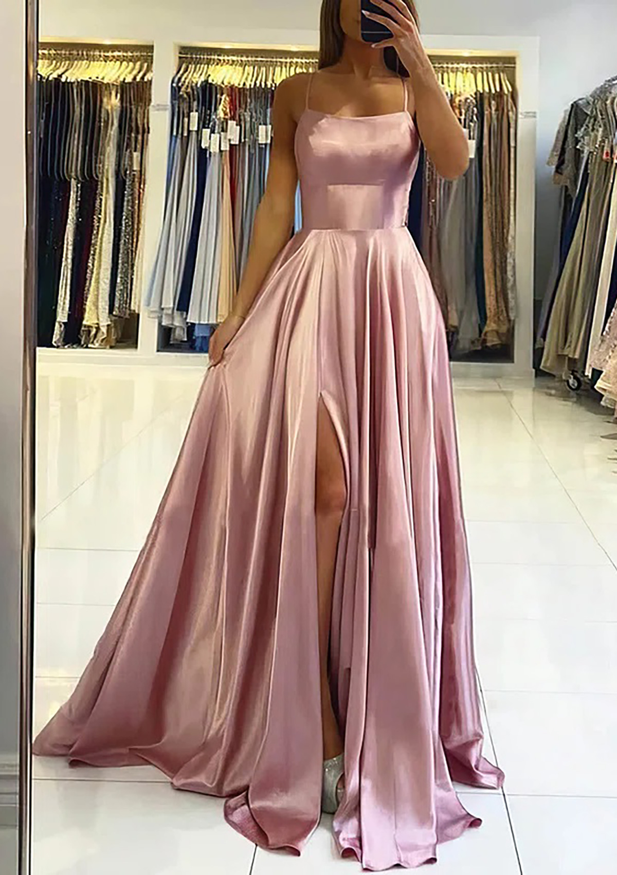 Dusty Pink A-line Square Neckline Sleeveless Satin Sweep Train Prom Dress With Pleated - STACEES