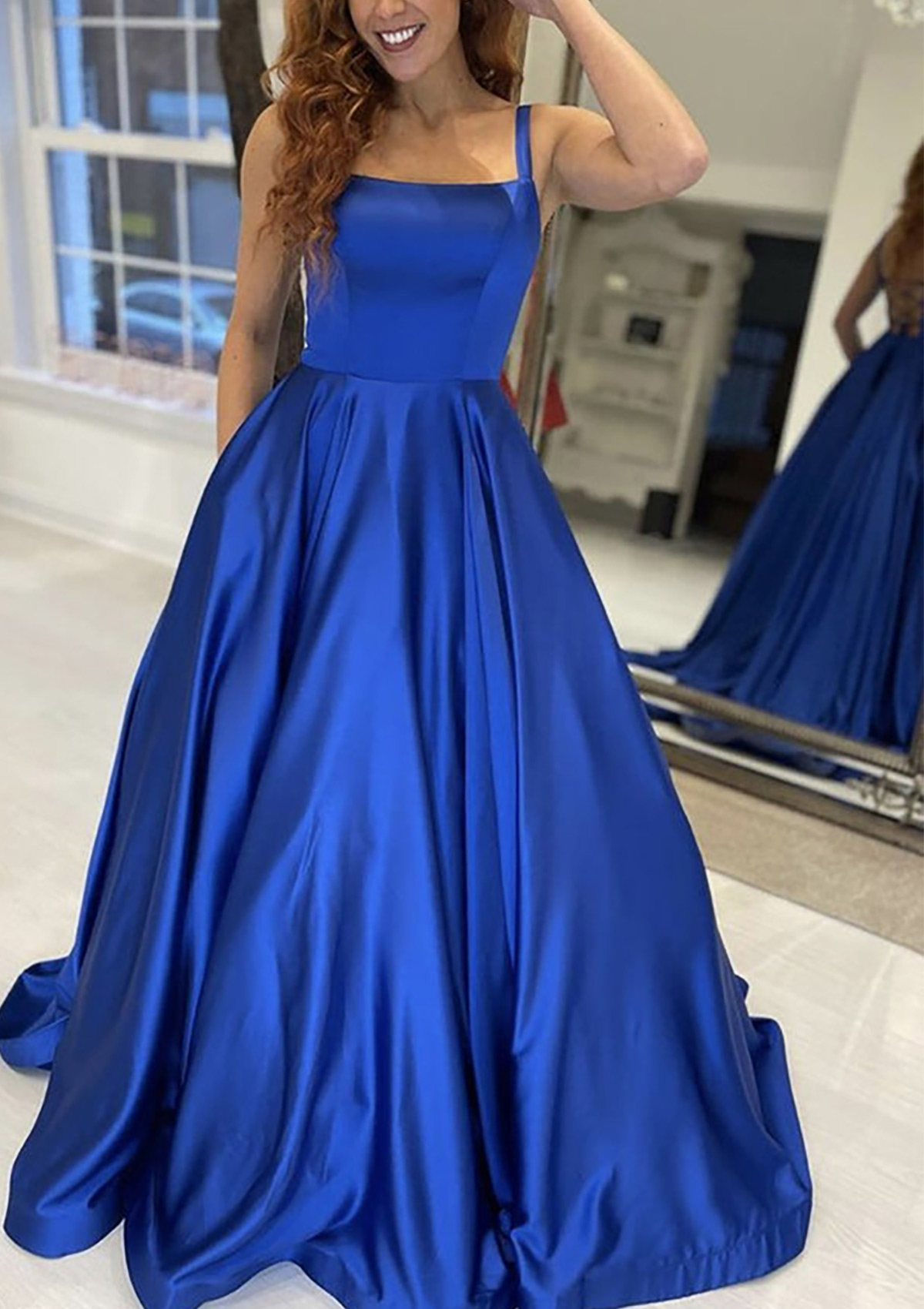 Royal Blue A-line Square Neckline Sleeveless Sweep Train Satin Prom Dress With Pockets - STACEES