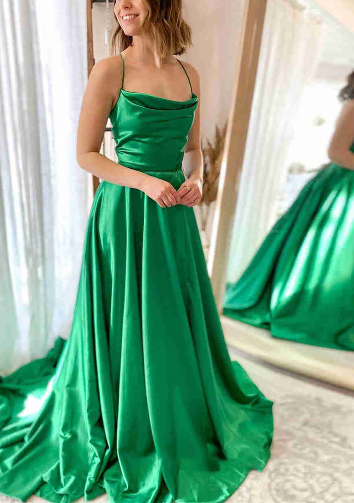 A-line Cowl Neck Spaghetti Straps Sweep Train Charmeuse Prom Dress With Split Pockets Pleated