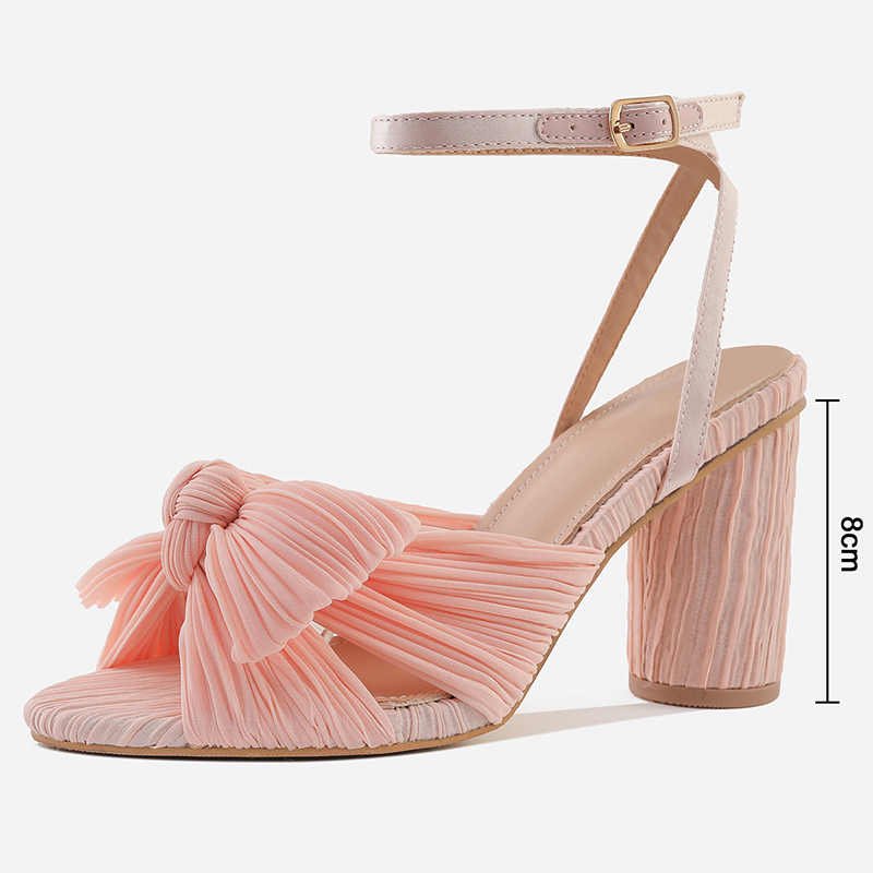 Pink Satin Chunky Heel Outdoor Shoes With Ankle Strap Bowknot  - STACEES