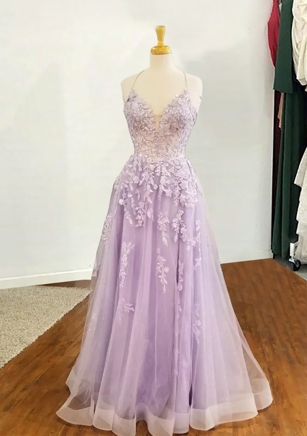 Lilac A-line V Neck Spaghetti Straps Long/Floor-Length Tulle Prom Dress With Appliqued Sequins - STACEES