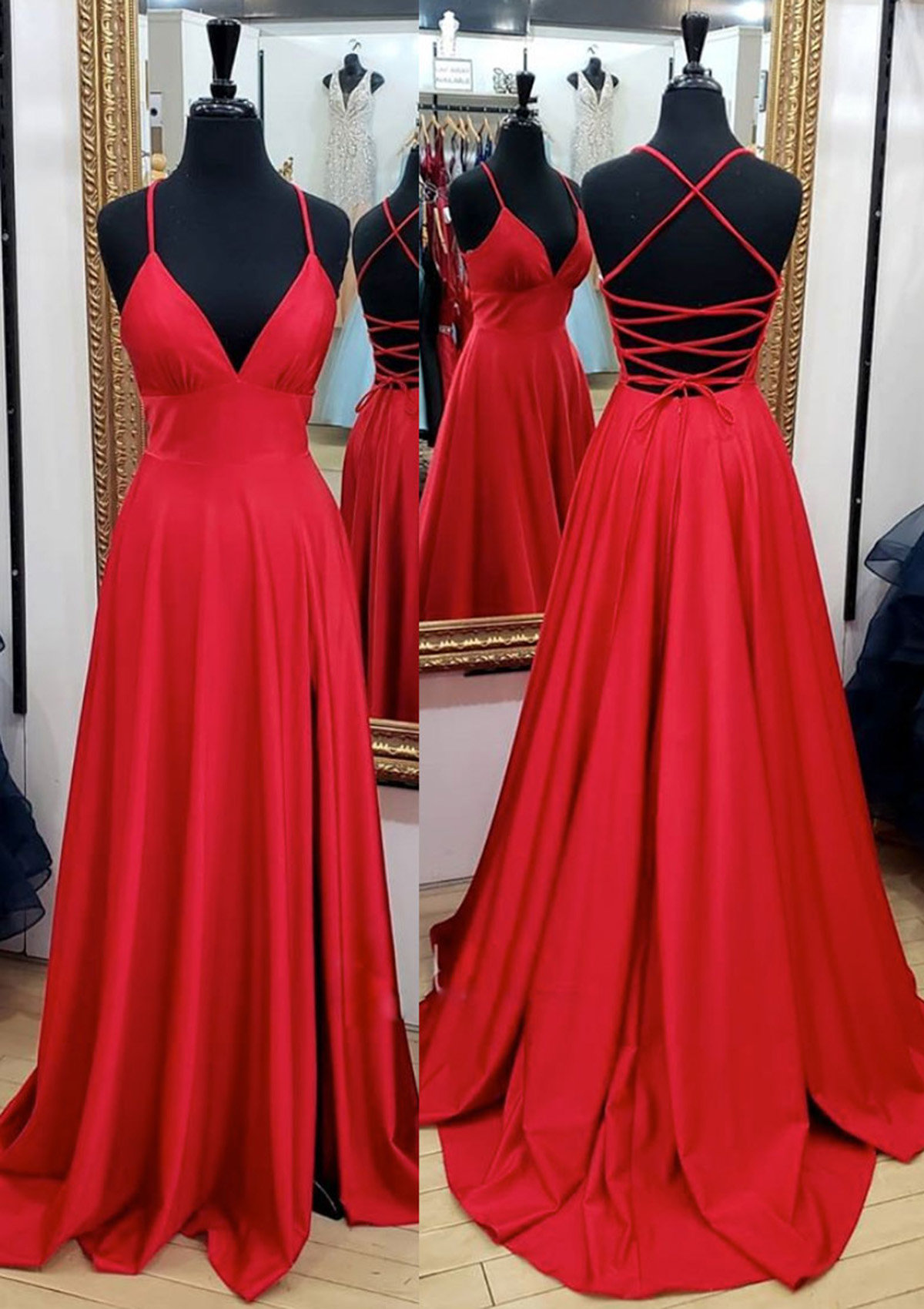 Red A-line V Neck Spaghetti Straps Sweep Train Charmeuse Prom Dress With Pleated Split - STACEES