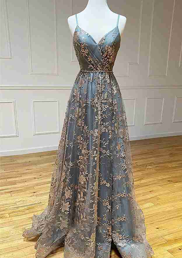 A-line V Neck Sleeveless Sweep Train Tulle Satin Prom Dress With Appliqued Split