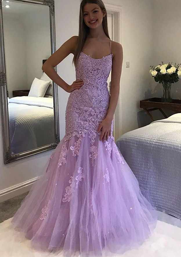 Trumpet/Mermaid V Neck Spaghetti Straps Long/Floor-Length Lace Prom Dress With Beading