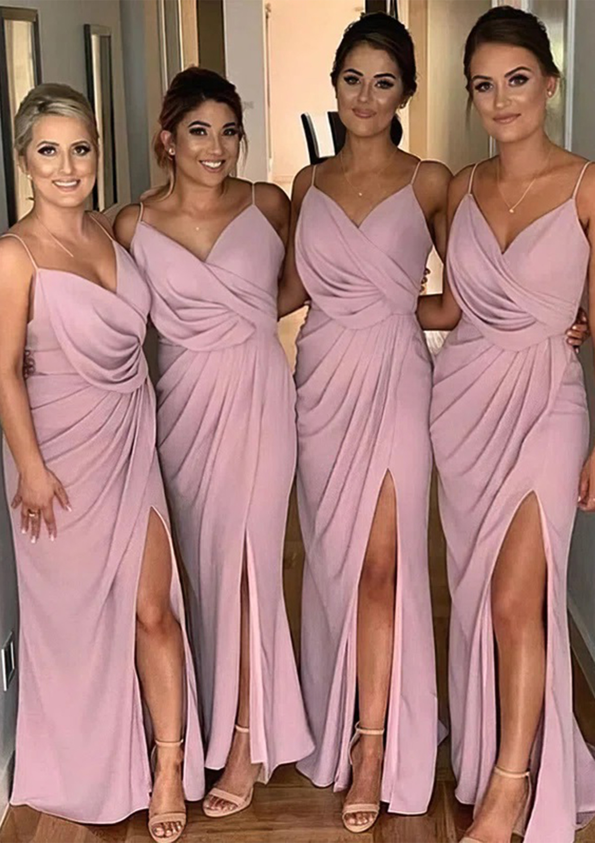 As picture Sheath/Column V Neck Sleeveless Long/Floor-Length Chiffon Bridesmaid Dress With Pleated Split - STACEES
