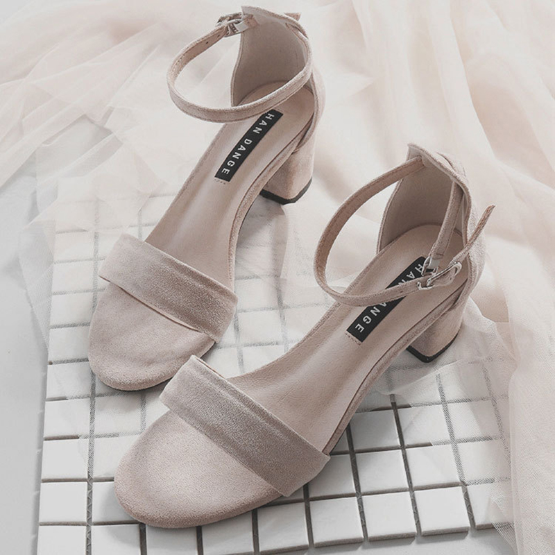 Microfiber Leather Peep Toe Sandals Chunky Heel Outdoor Fashion Shoes With Buckle Ankle Strap