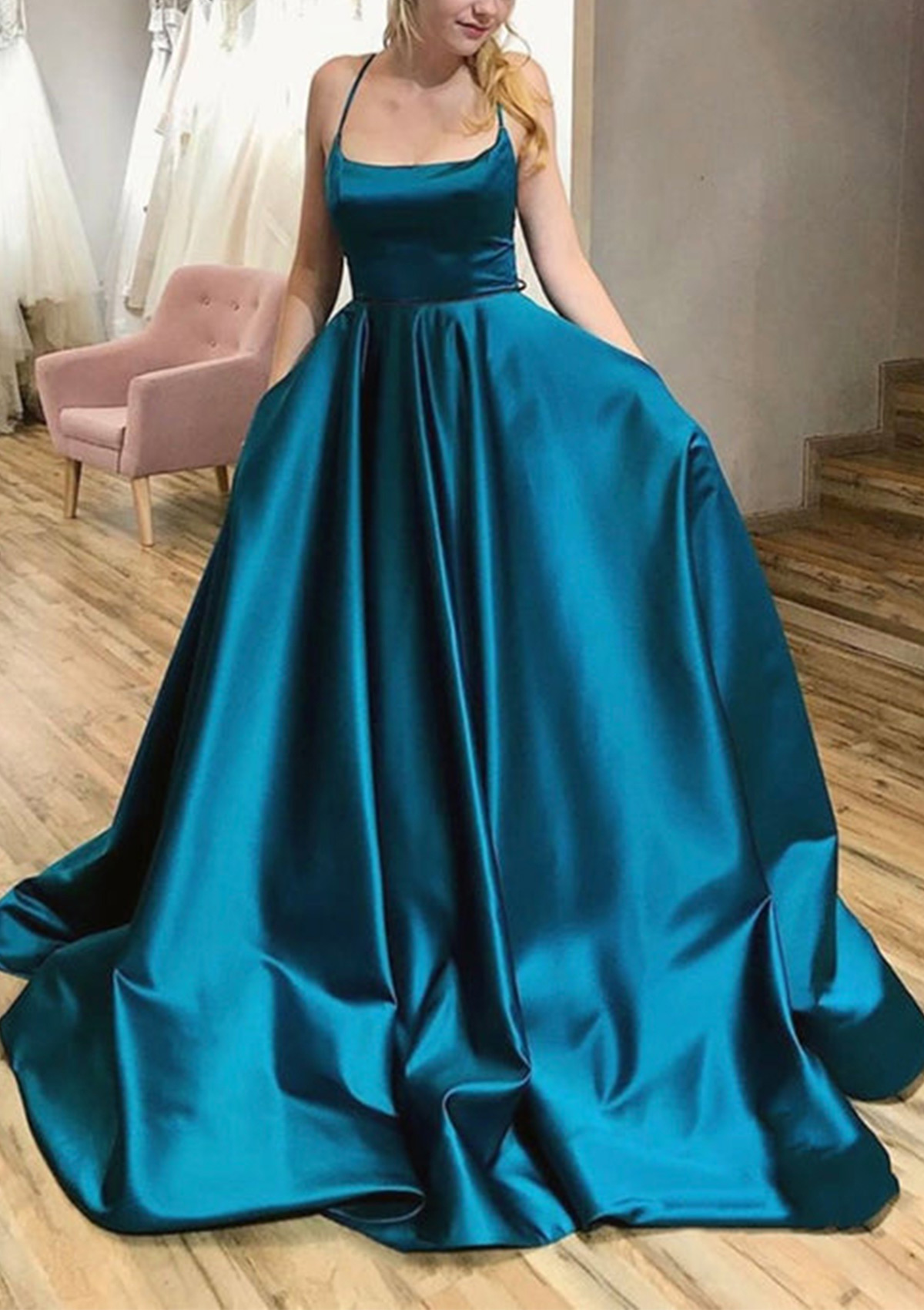 Ink Blue Ball Gown A-line Square Neckline Spaghetti Straps Sweep Train Satin Prom Dress With Pleated Pockets - STACEES