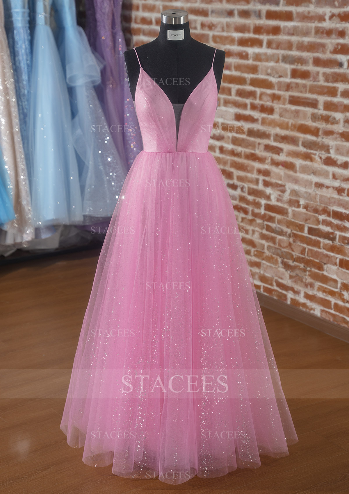 A-line V Neck Spaghetti Straps Long/Floor-Length Tulle Prom Dress with Pockets Glitters