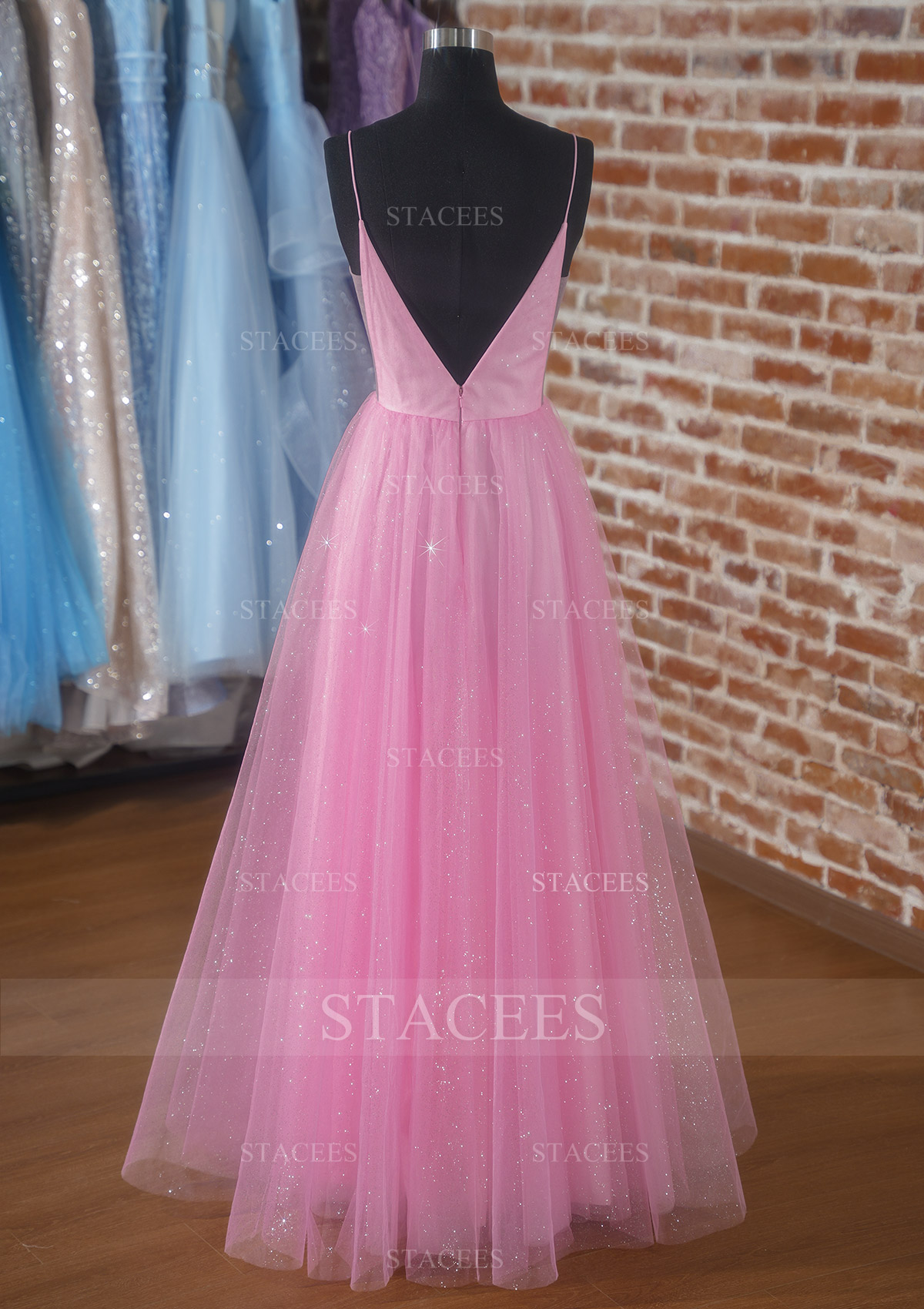Candy Pink A-line V Neck Spaghetti Straps Long/Floor-Length Tulle Prom Dress with Pockets Glitters - STACEES