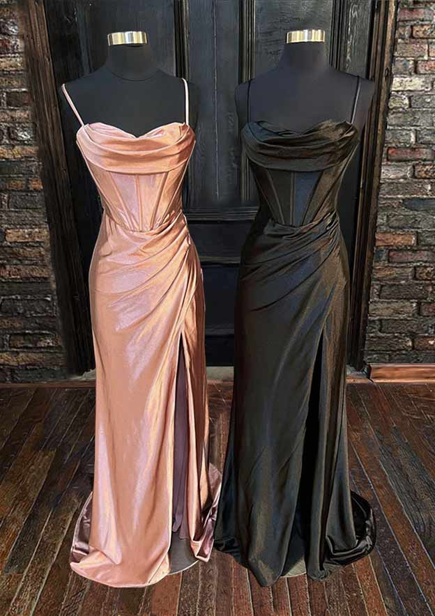 Sheath/Column Sweetheart Sleeveless Silk like Satin Sweep Train Prom Dress With Split Ruffles