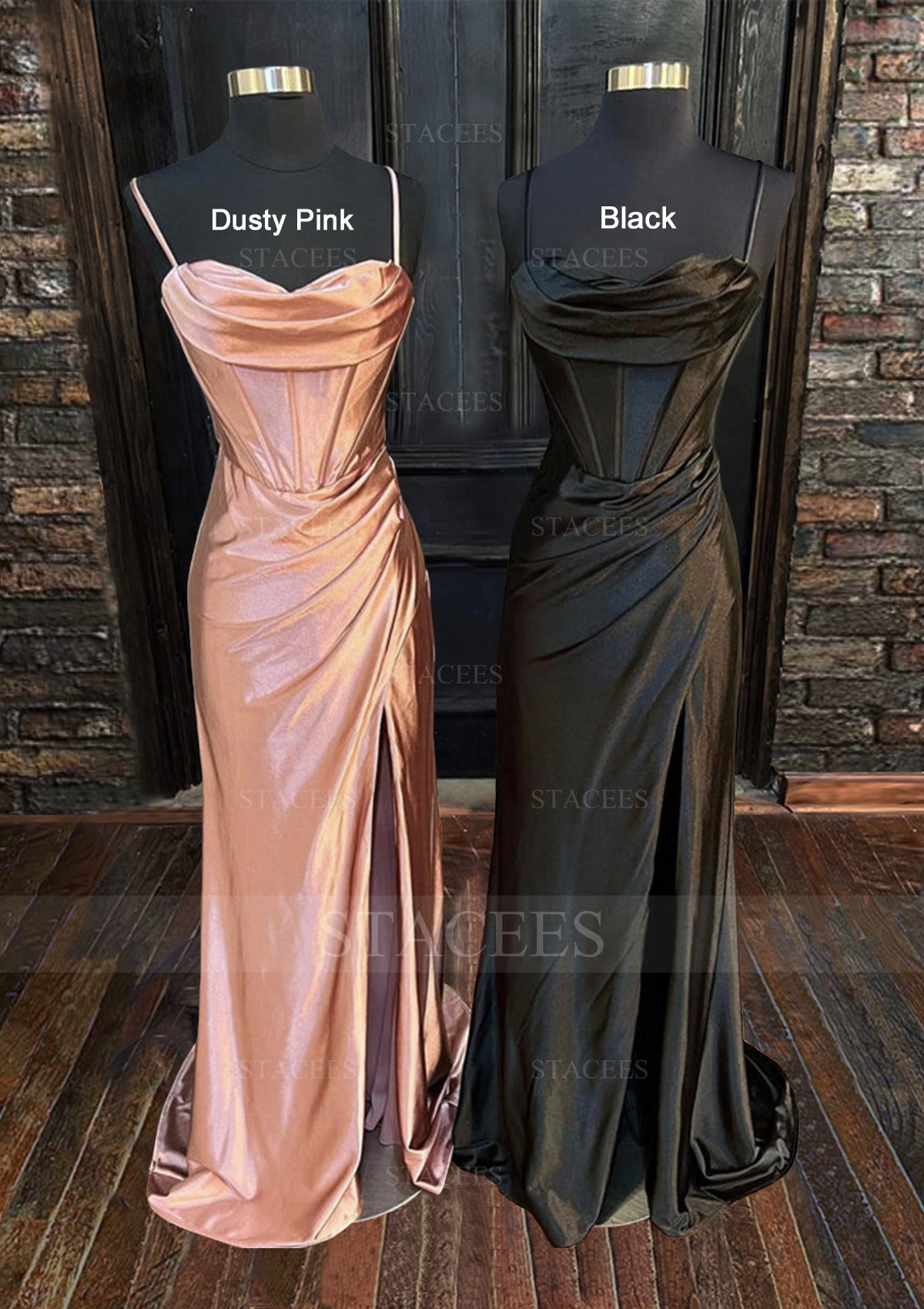 Dusty Pink Sheath/Column Sweetheart Sleeveless Silk like Satin Sweep Train Prom Dress With Split Ruffles - STACEES