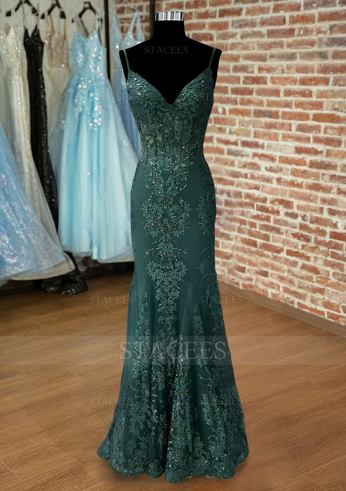  Vert foncé trumpette col en v tulle ras du sol robe de bal 