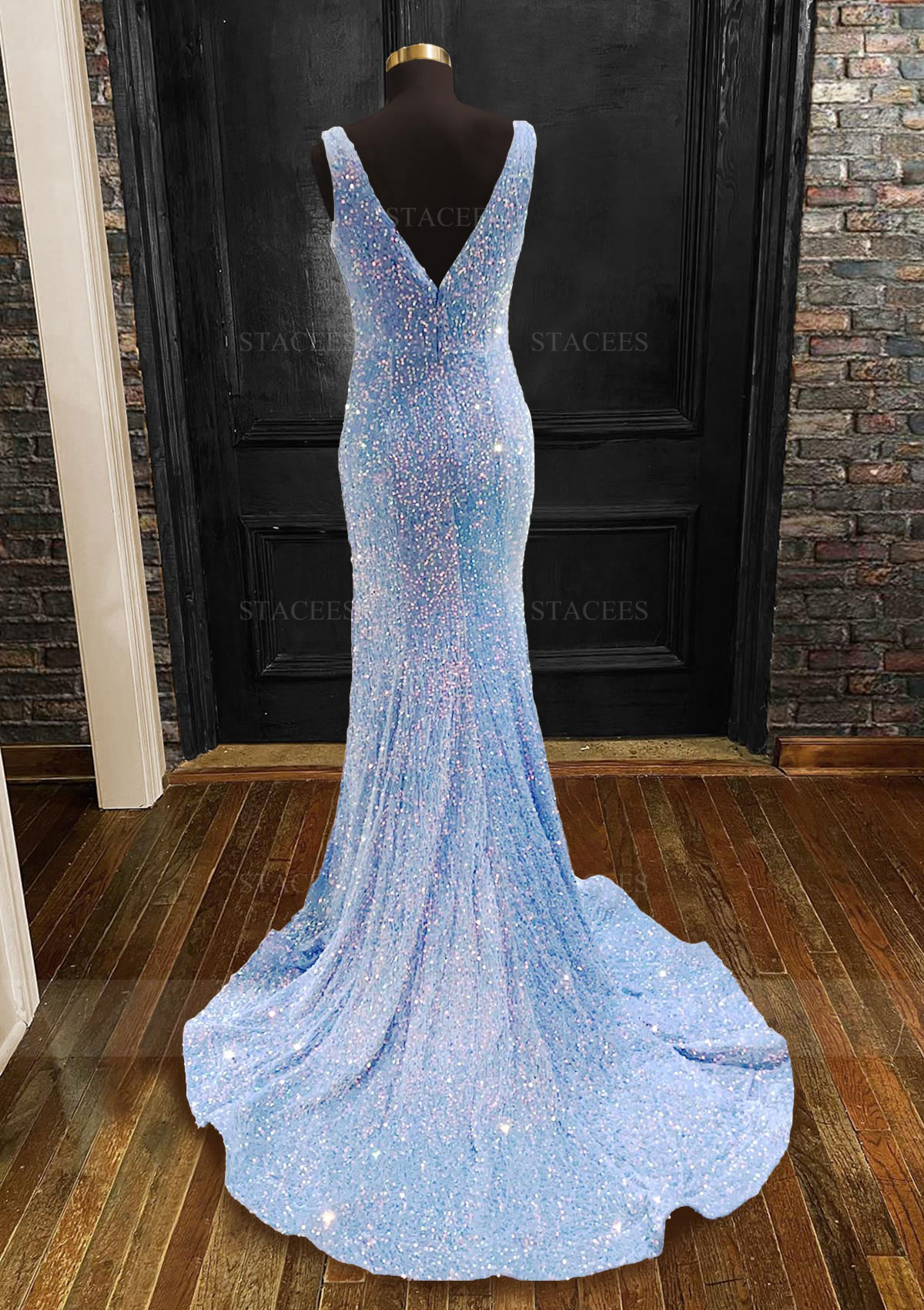 velvet light blue dress Mermaid Sheath/Column Trumpet/Mermaid V Neck Sleeveless Velvet Sequins Sweep Train Prom Dress Prom Dresses Stacees light blue prom dress
