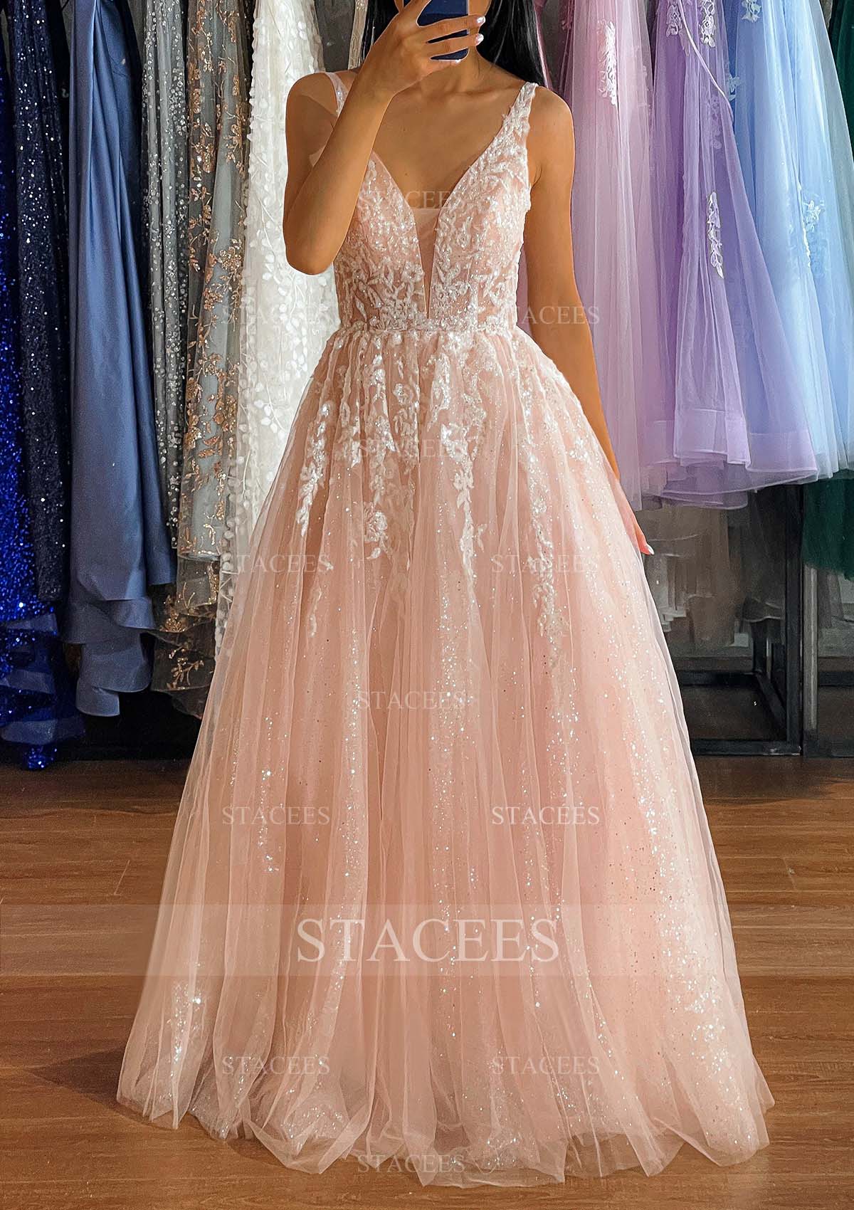 Pearl Pink A-line V Neck Sleeveless Long/Floor-Length Tulle Prom Dress With Appliqued Glitter - STACEES