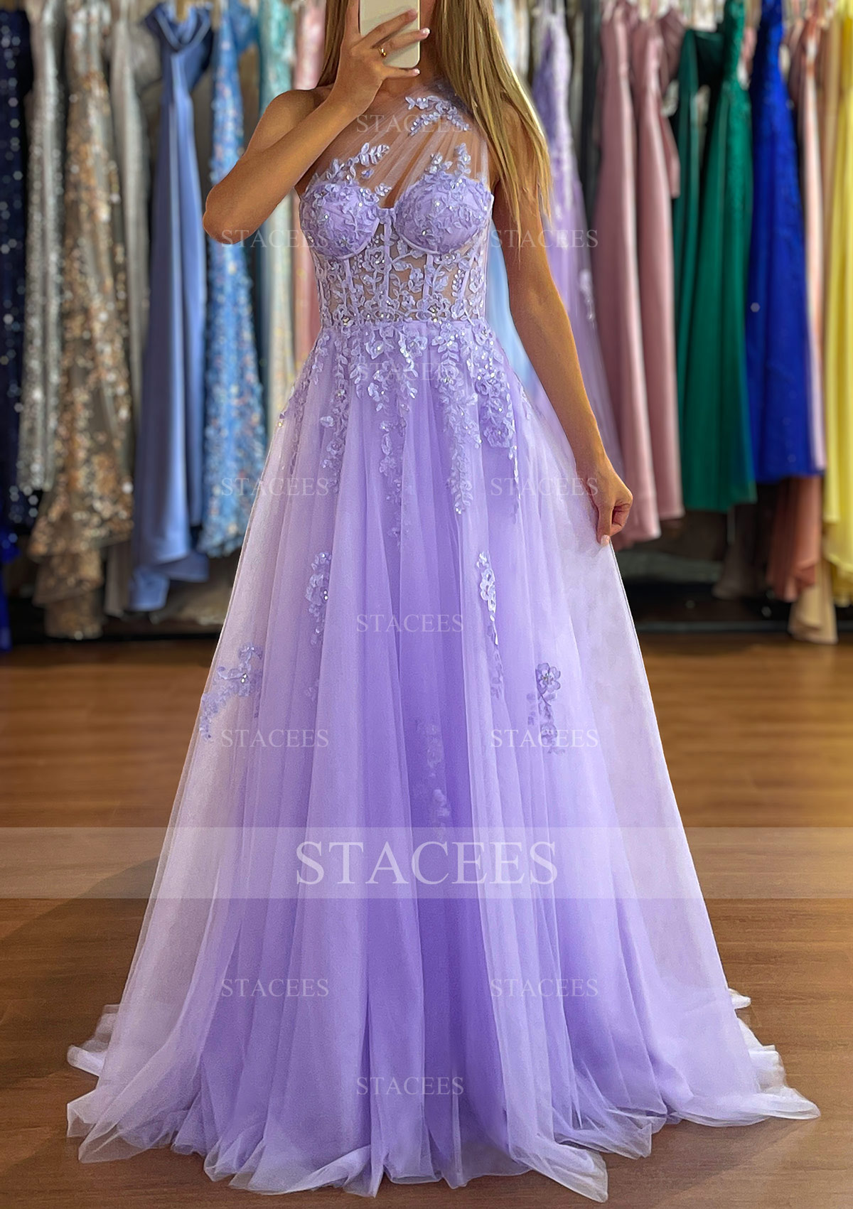 A-line One-Shoulder Sleeveless Sweep Train Tulle Prom Dress with Appliqued