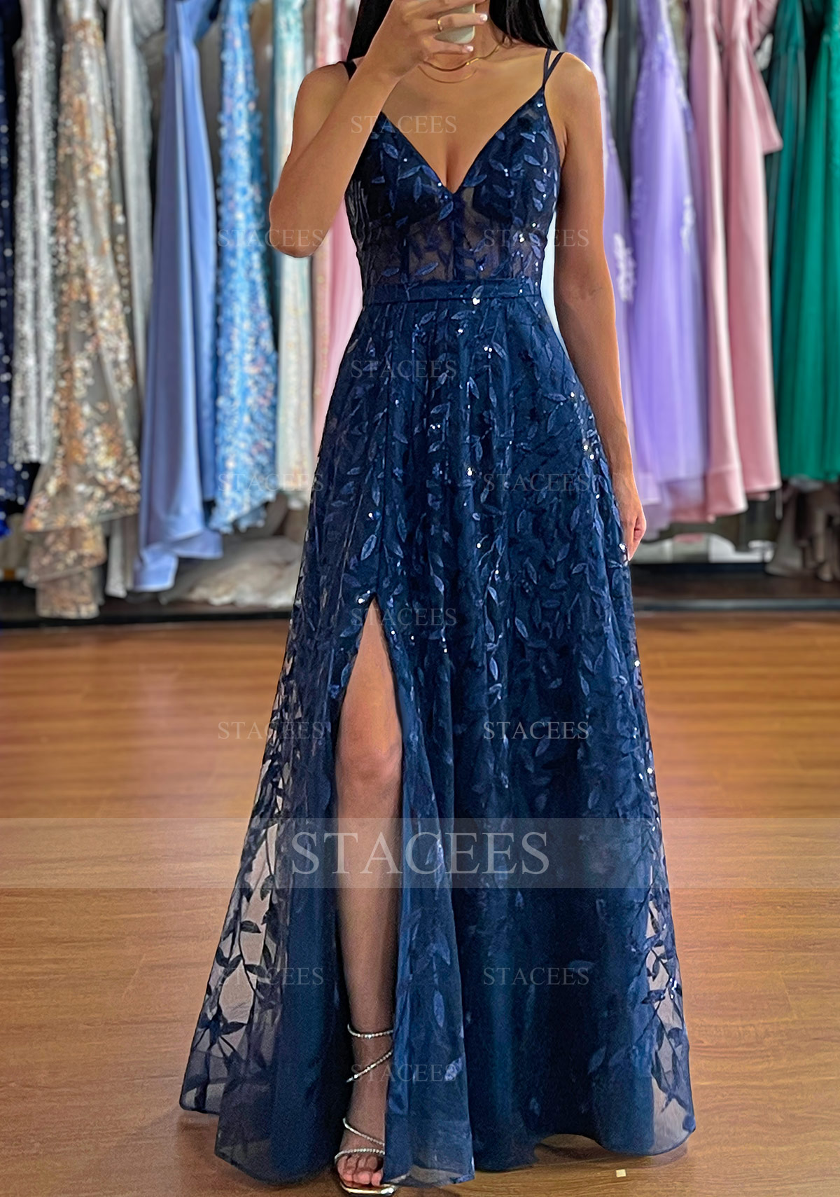 dark blue tulle prom dress Dark Navy Sweetheart Lace Appliques Tulle A-line Prom Dress Dark Navy / US 14