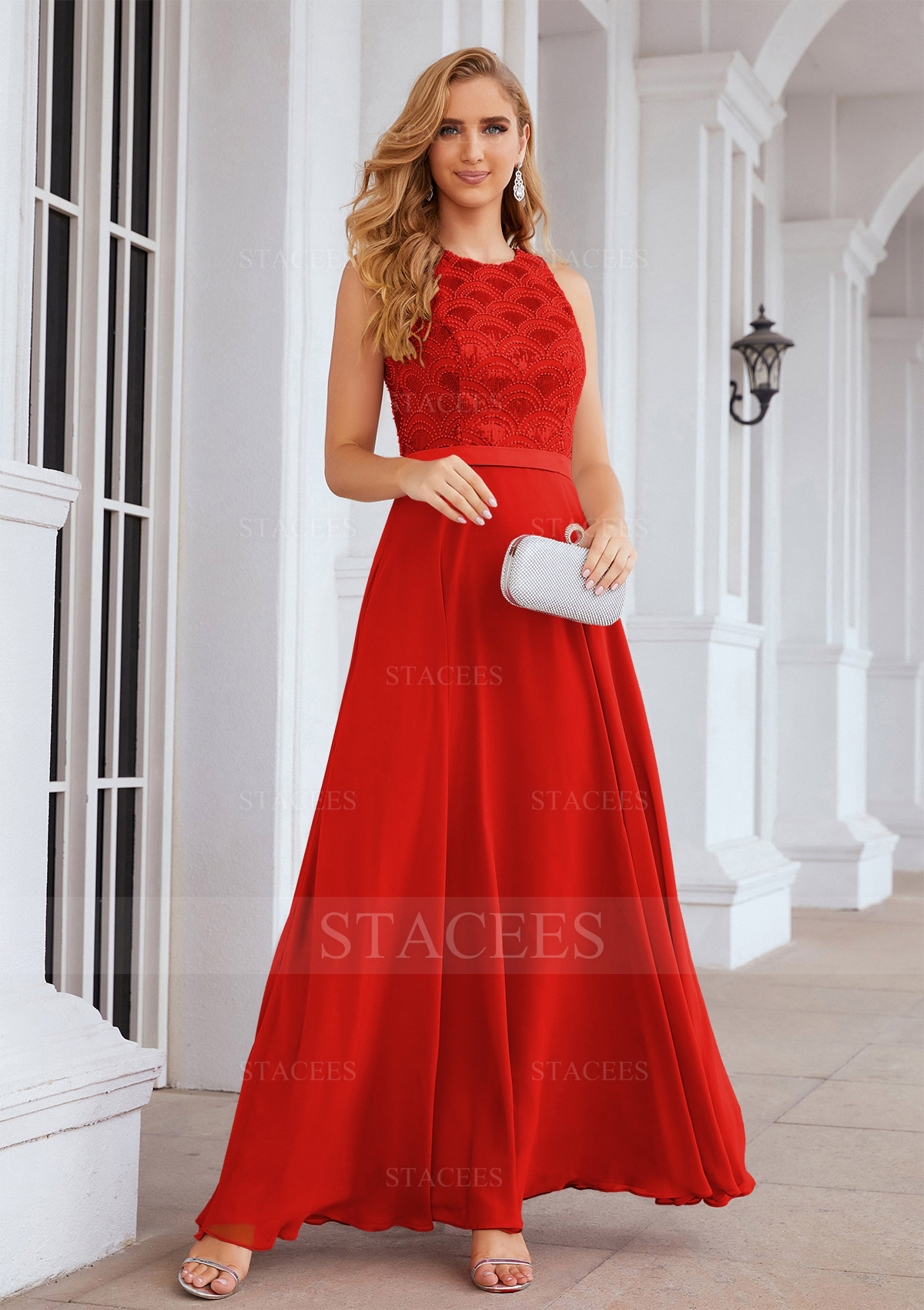 Red A-line Empire Scalloped Neck Sleeveless Chiffon Long/Floor-Length Bridesmaid Dress With Beading Sequins - STACEES